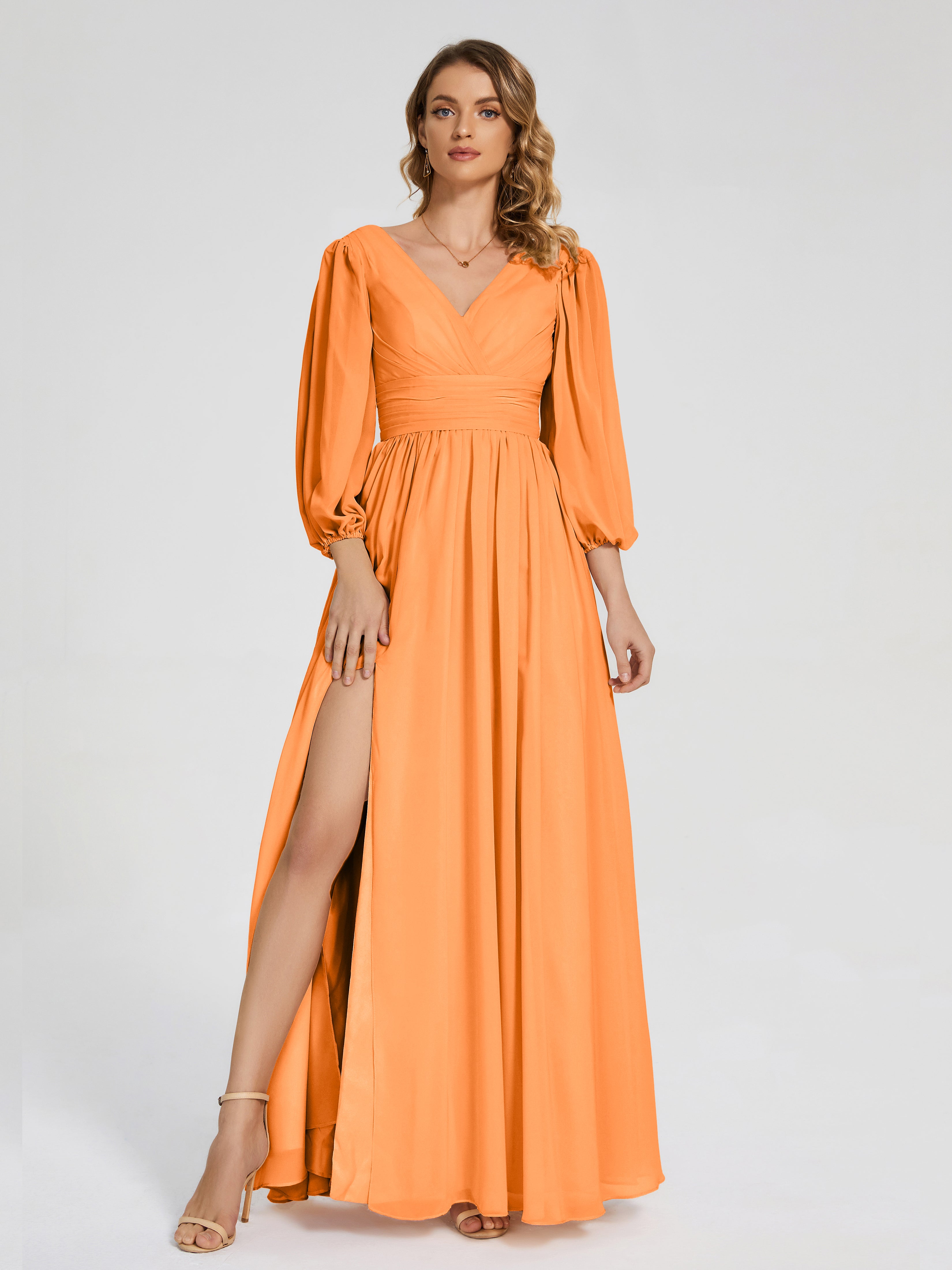 Robes De Demoiselle D'Honneur Orange Manches Longues Dos Nu Mousseline Robes Demoiselle D'Honneur