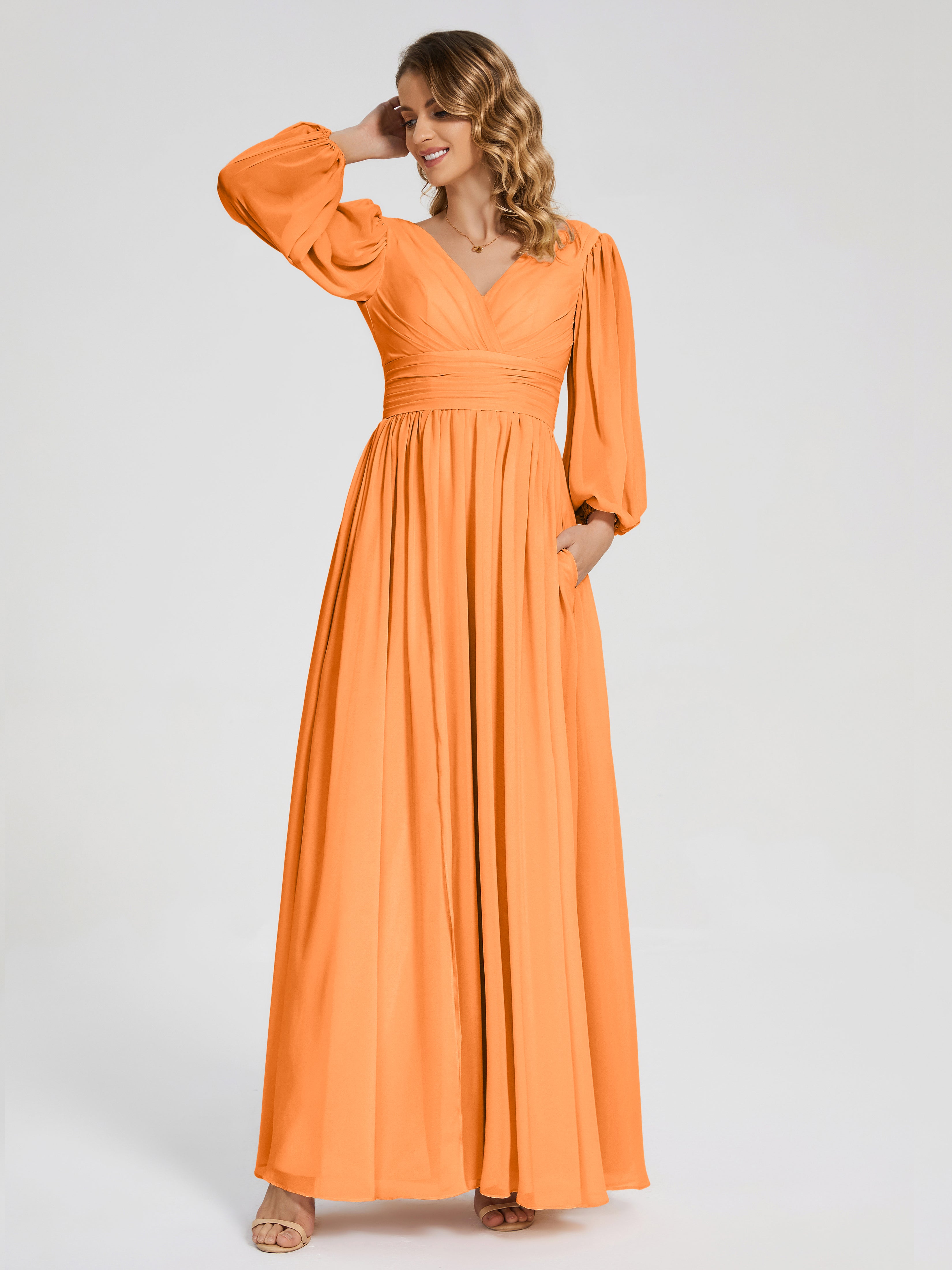 Robes De Demoiselle D'Honneur Orange Manches Longues Dos Nu Mousseline Robes Demoiselle D'Honneur