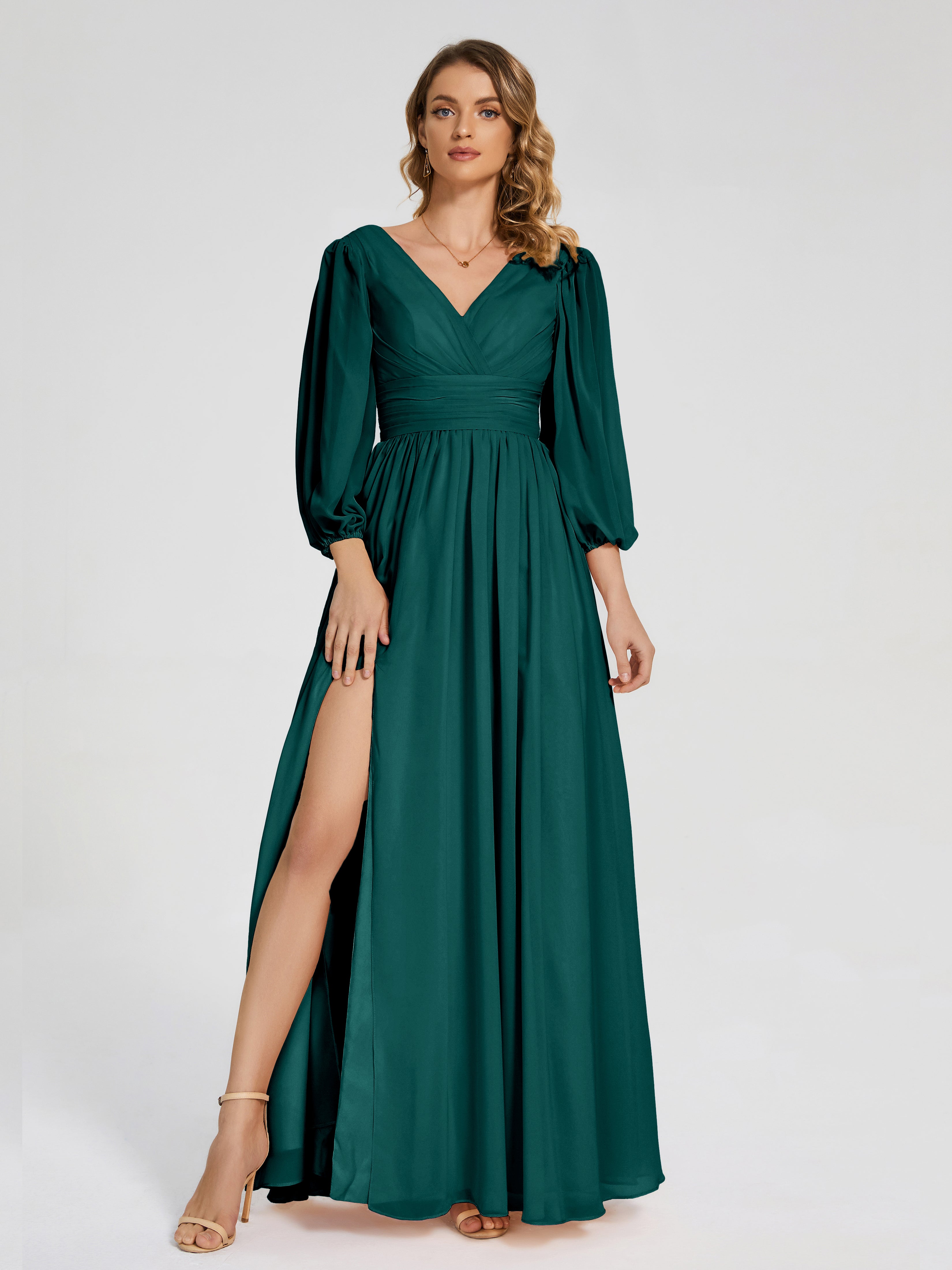 Robes De Demoiselle D'Honneur Bleu Paon Manches Longues Dos Nu Mousseline Robes Demoiselle D'Honneur