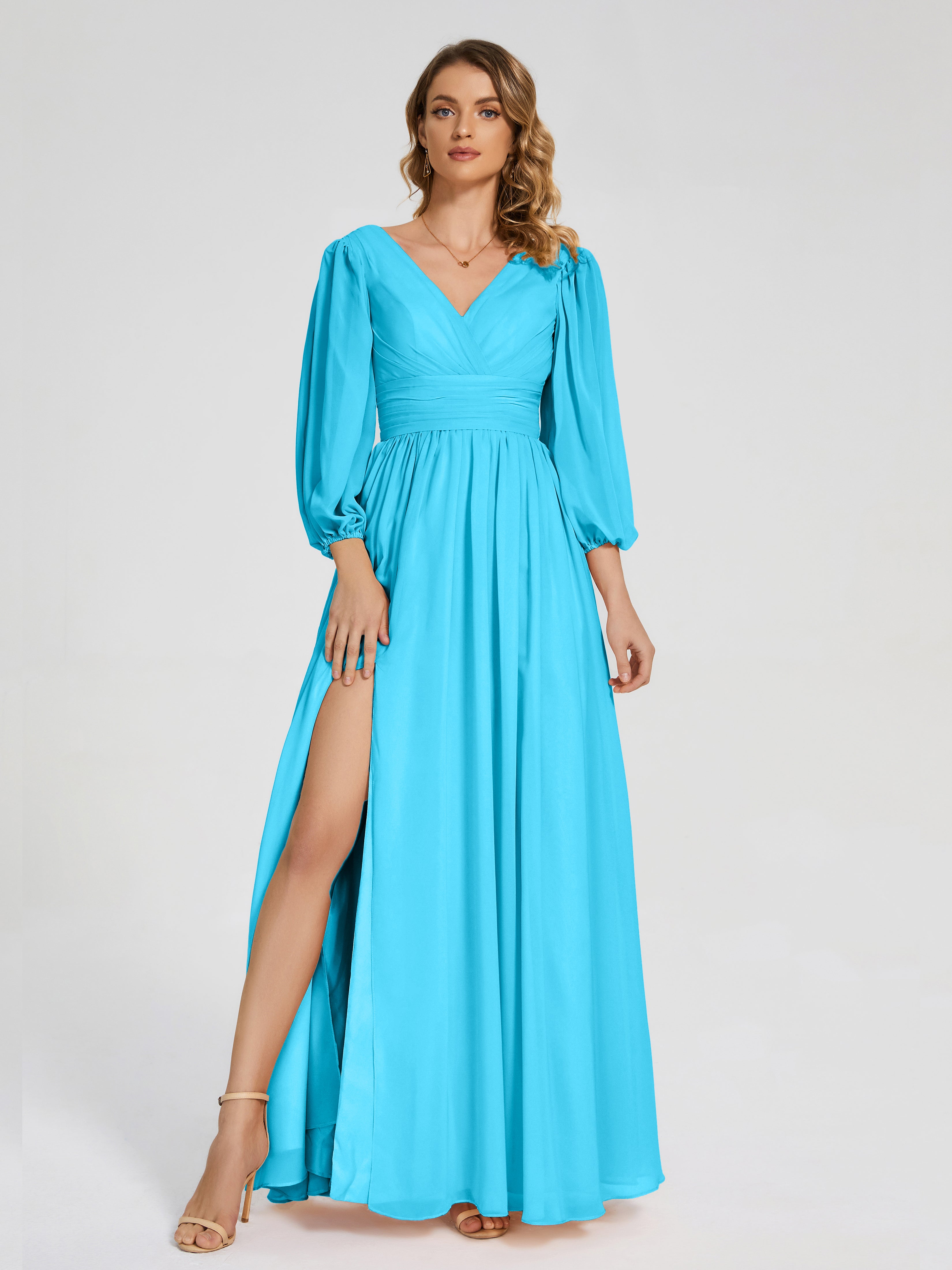 Robe De Demoiselle D'Honneur En Piscine Manches Longues Dos Nu Mousseline Robes Demoiselle D'Honneur