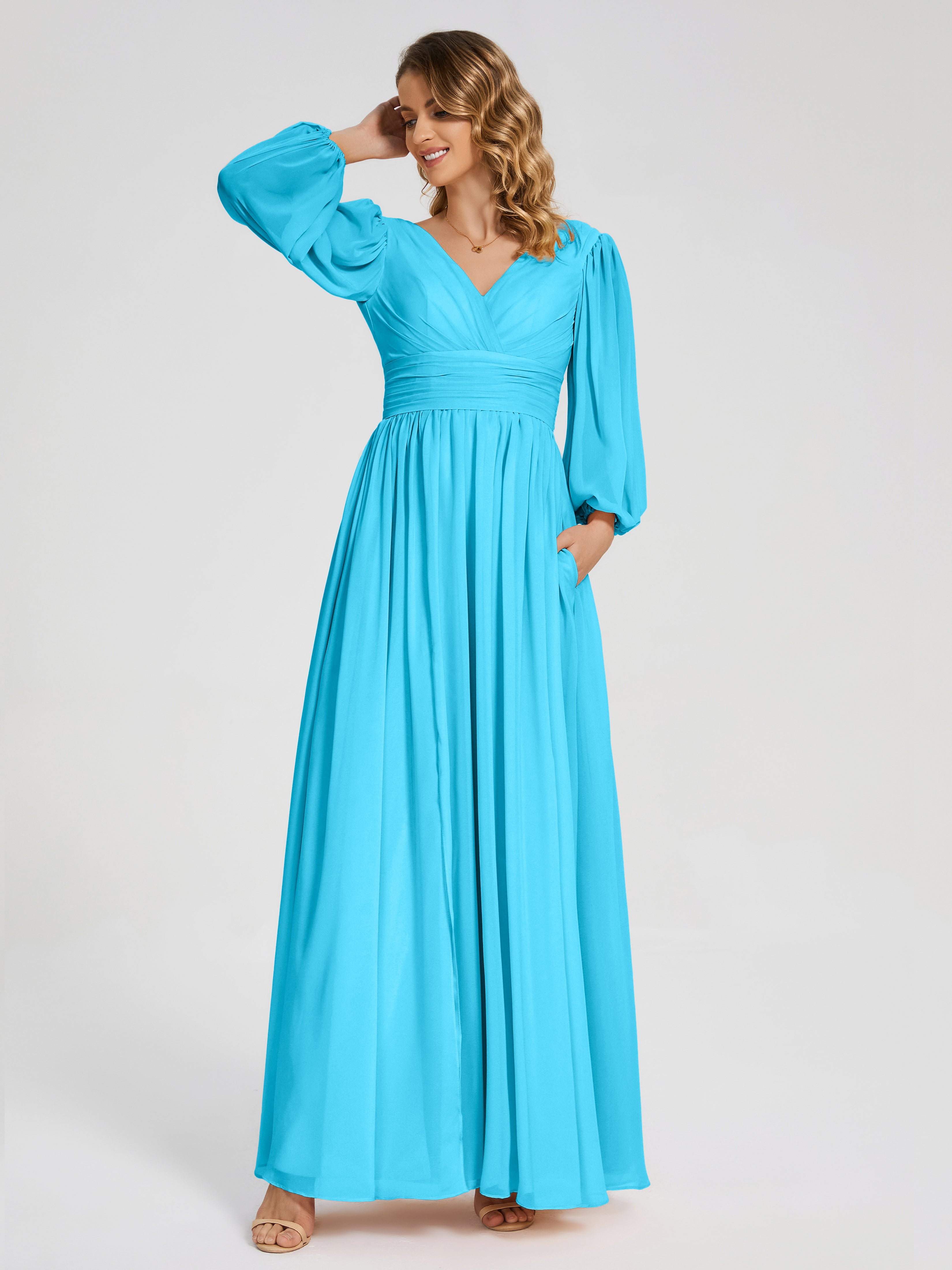 Robe De Demoiselle D'Honneur En Piscine Manches Longues Dos Nu Mousseline Robes Demoiselle D'Honneur