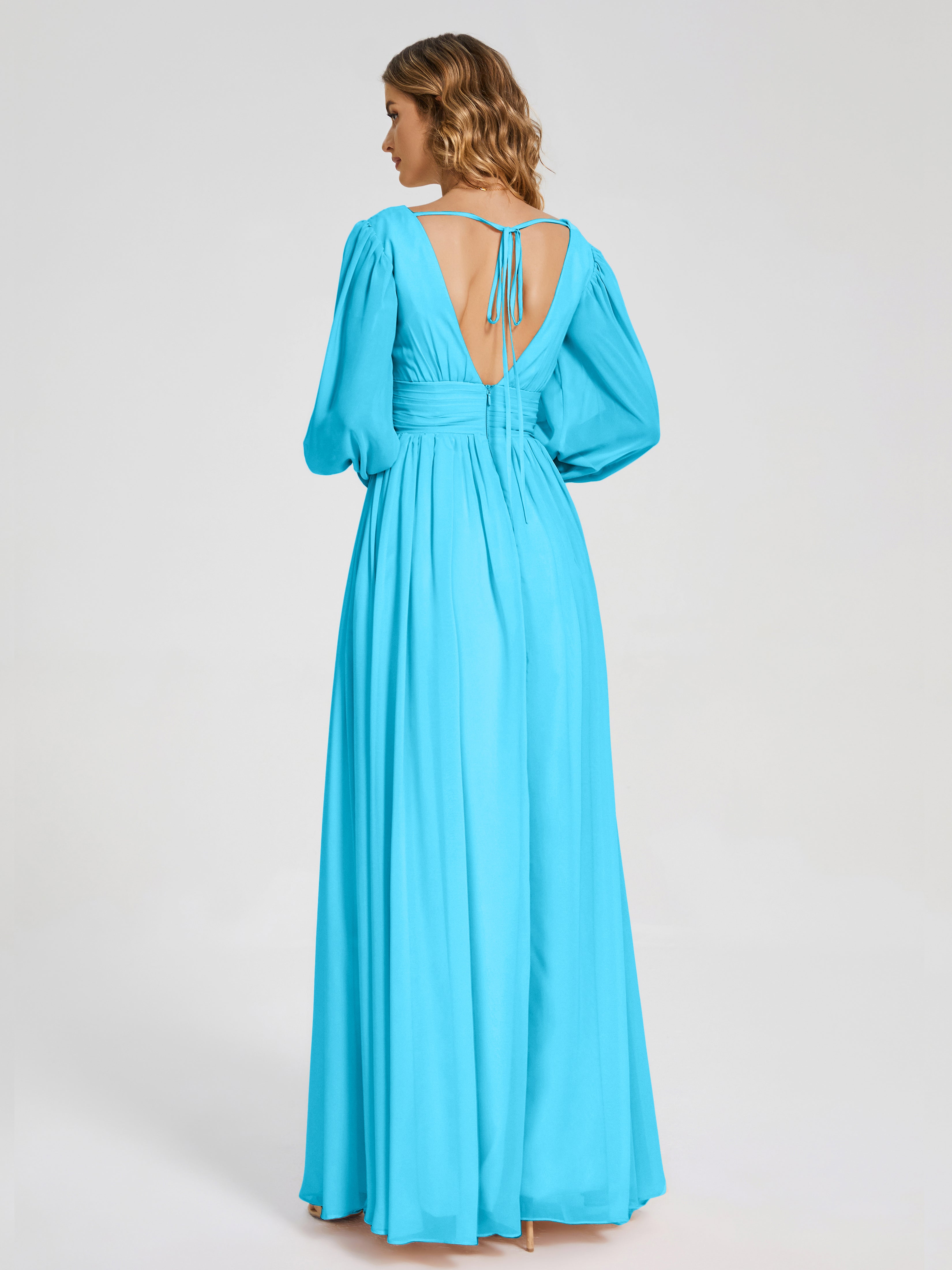 Robe De Demoiselle D'Honneur En Piscine Manches Longues Dos Nu Mousseline Robes Demoiselle D'Honneur