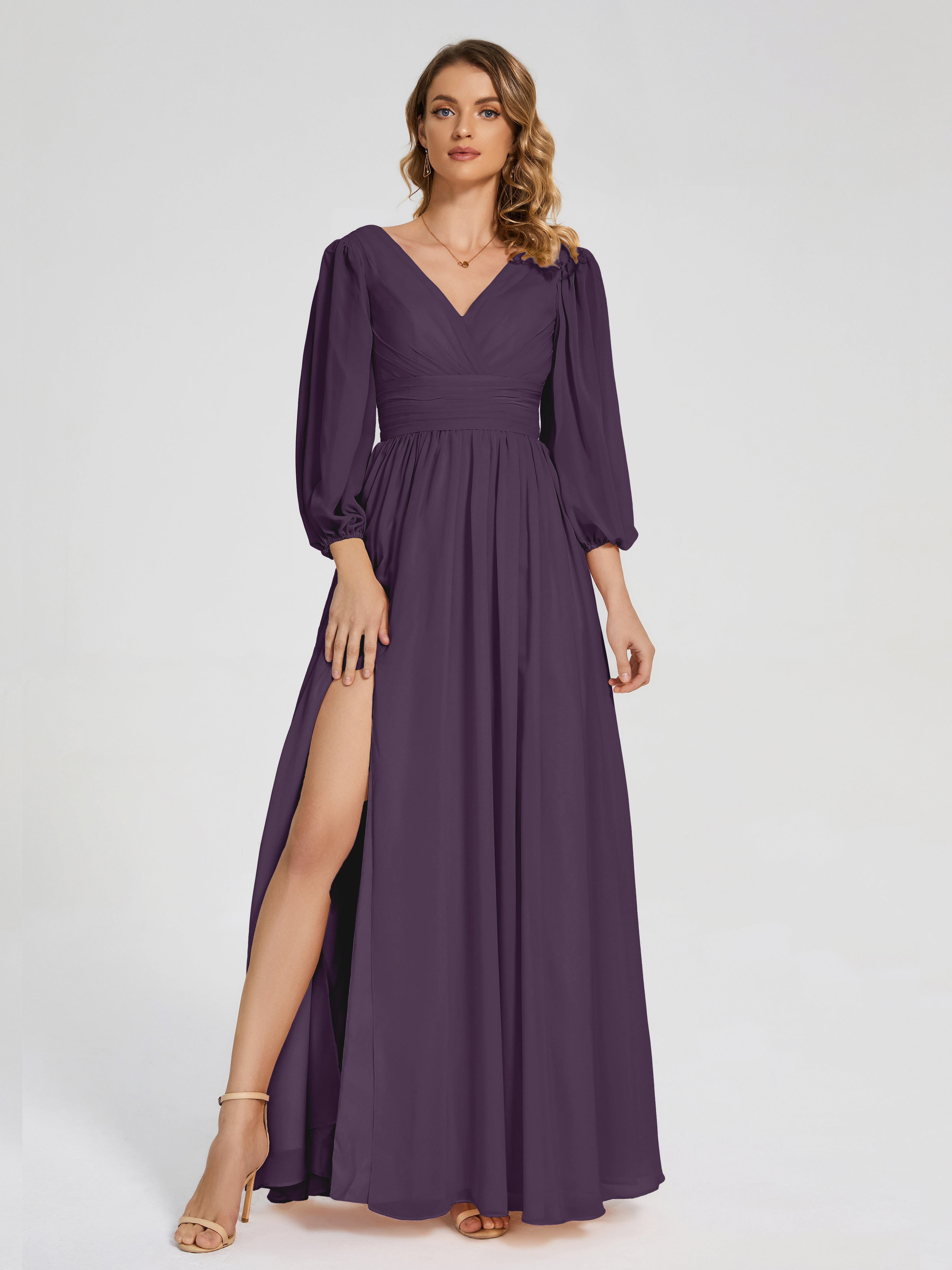 Robe Demoiselle D Honneur Plume Manches Longues Dos Nu Mousseline Robes Demoiselle D'Honneur