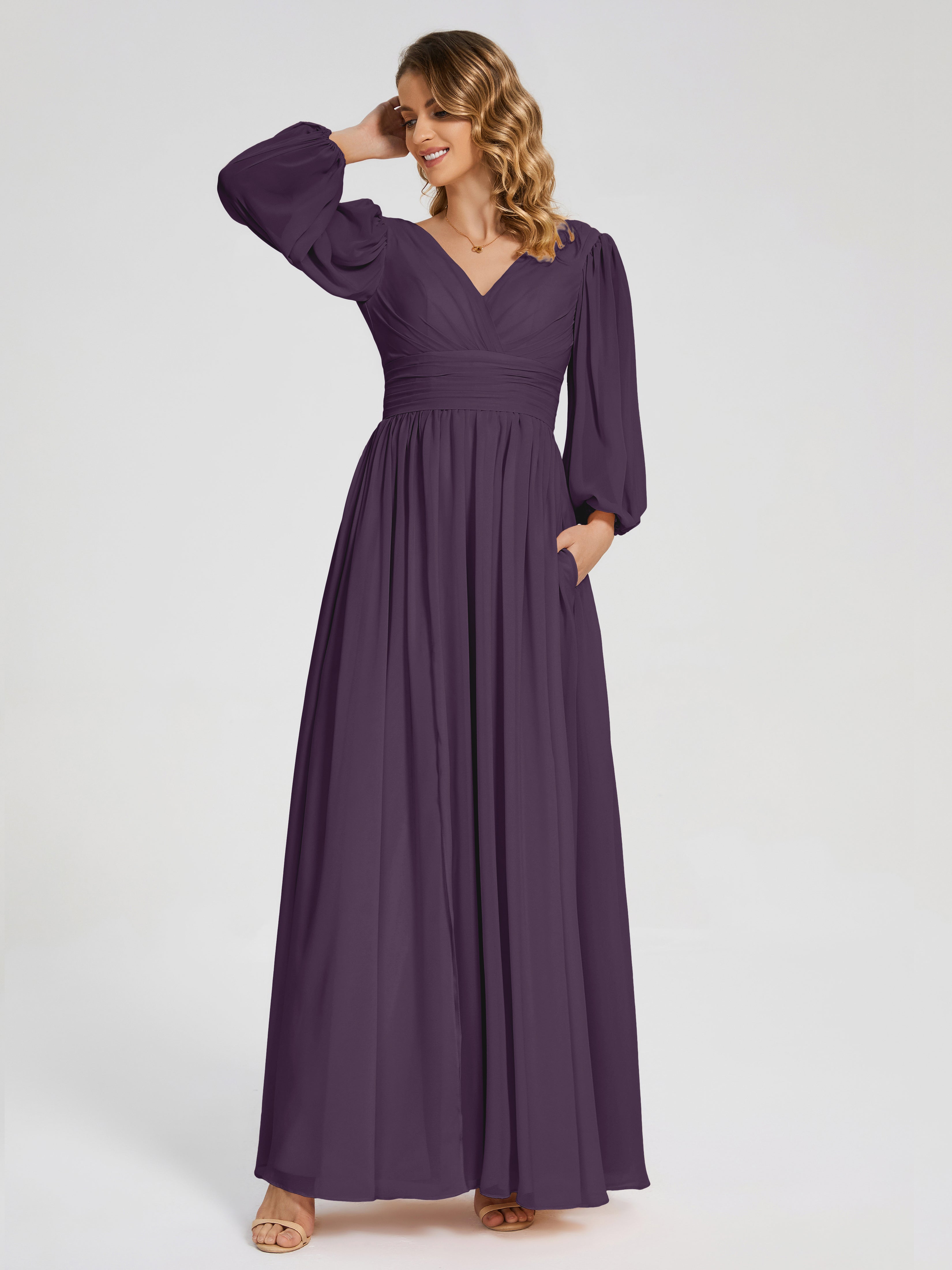 Robe Demoiselle D Honneur Plume Manches Longues Dos Nu Mousseline Robes Demoiselle D'Honneur