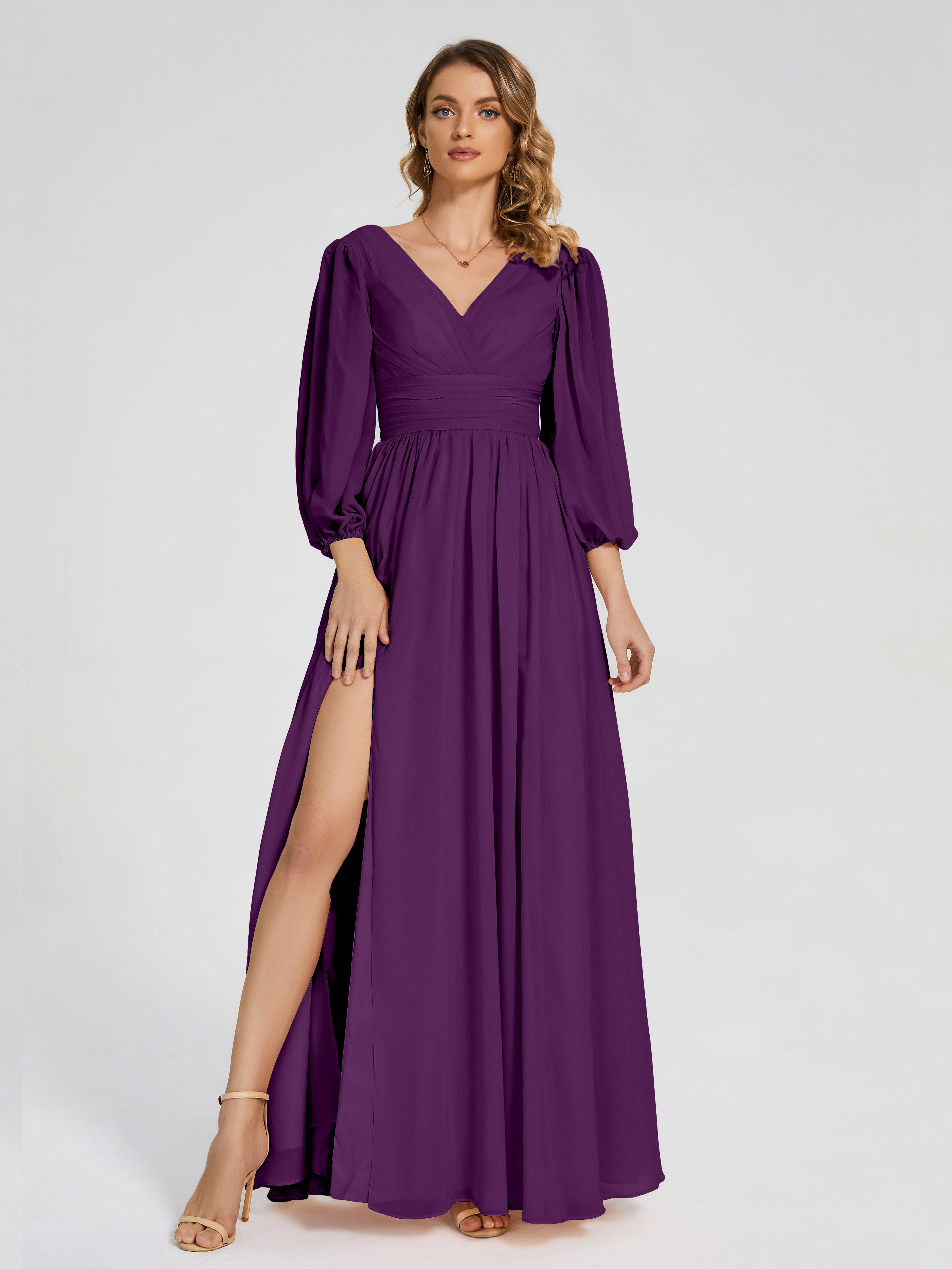 Robes De Demoiselle D'Honneur En Raisin Manches Longues Dos Nu Mousseline Robes Demoiselle D'Honneur