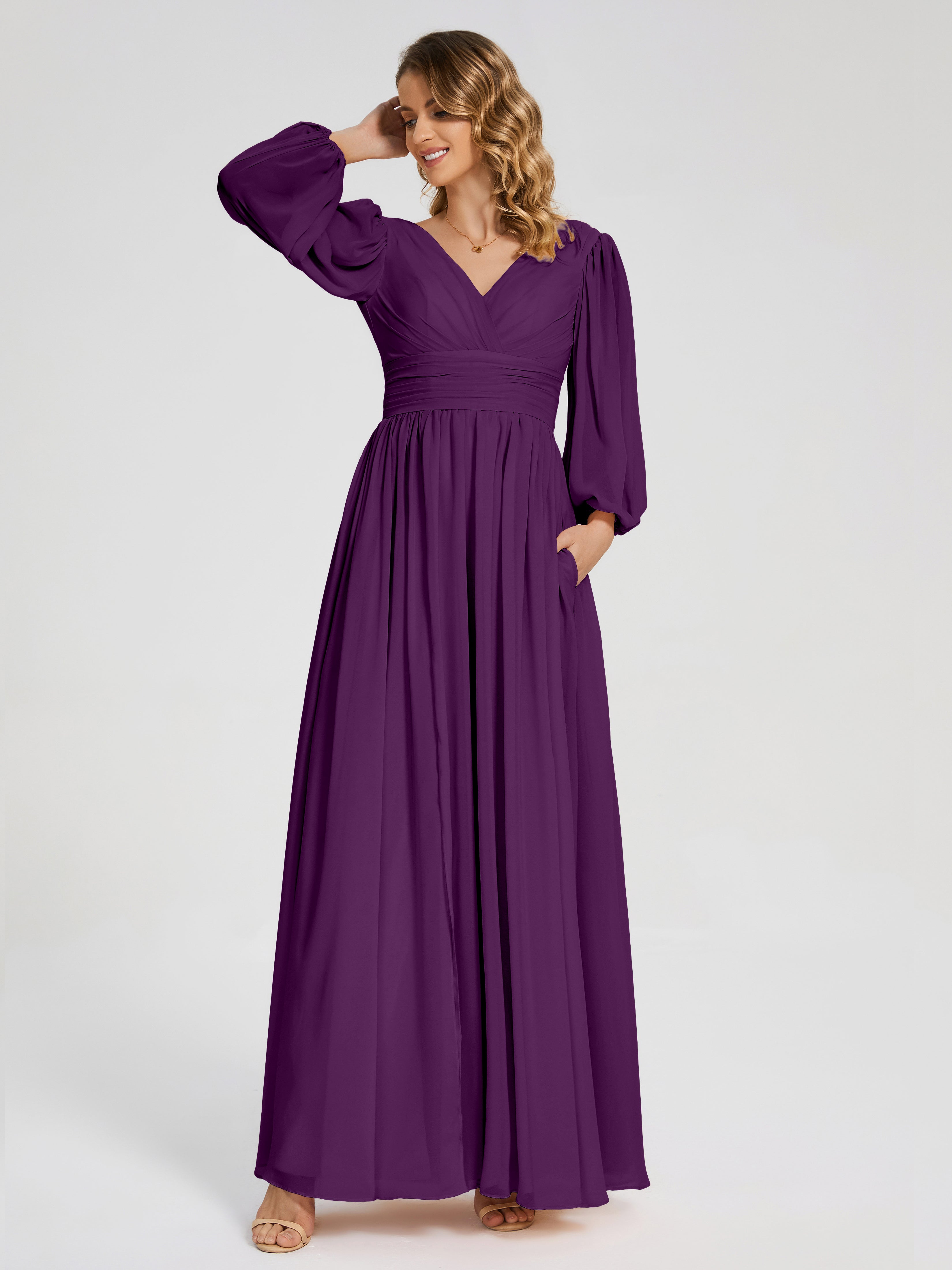 Robes De Demoiselle D'Honneur En Raisin Manches Longues Dos Nu Mousseline Robes Demoiselle D'Honneur