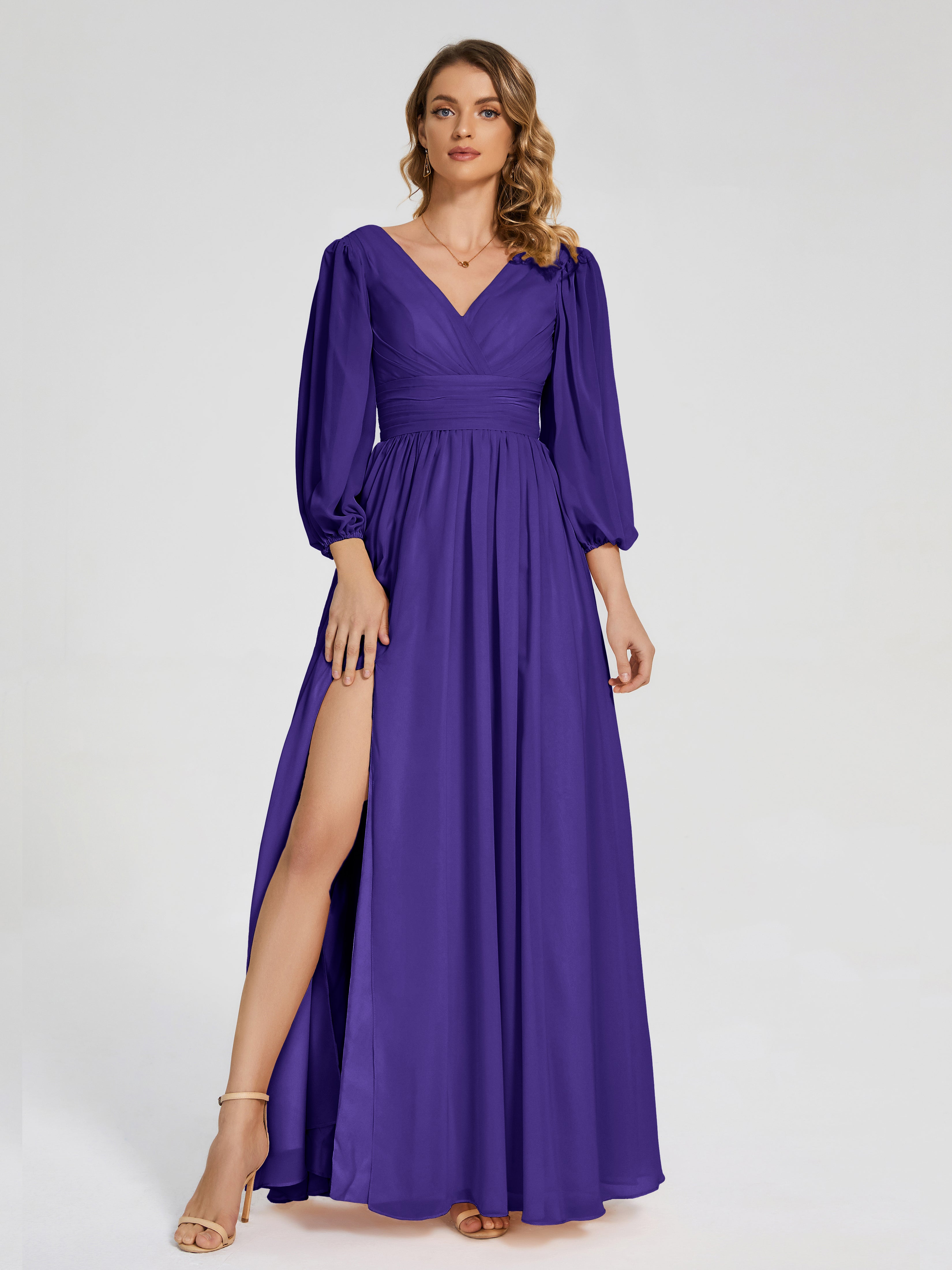 Robes De Demoiselle D'Honneur En Régence Manches Longues Dos Nu Mousseline Robes Demoiselle D'Honneur