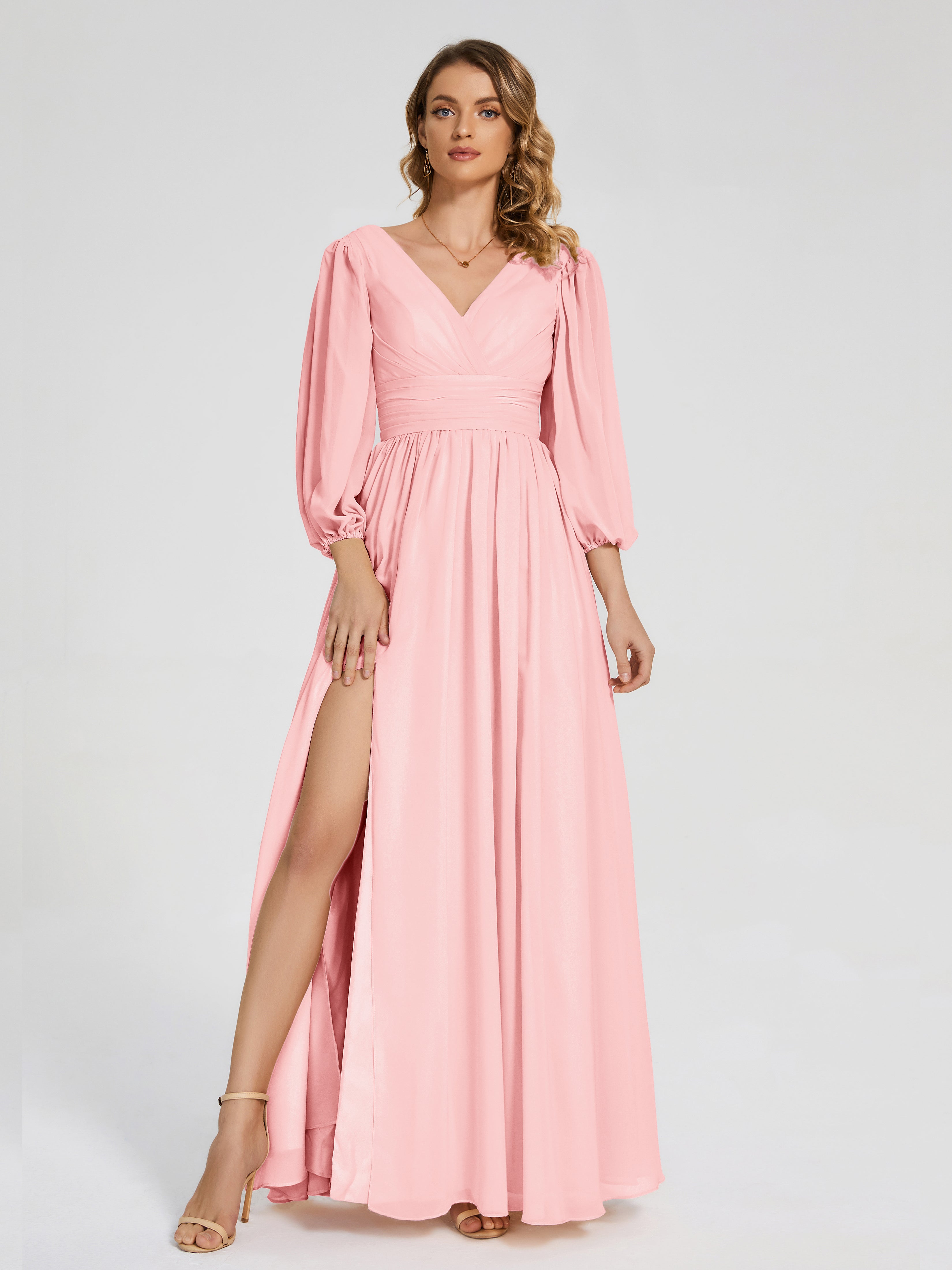 Robes De Demoiselle D'Honneur Rose Du Désert Manches Longues Dos Nu Mousseline Robes Demoiselle D'Honneur