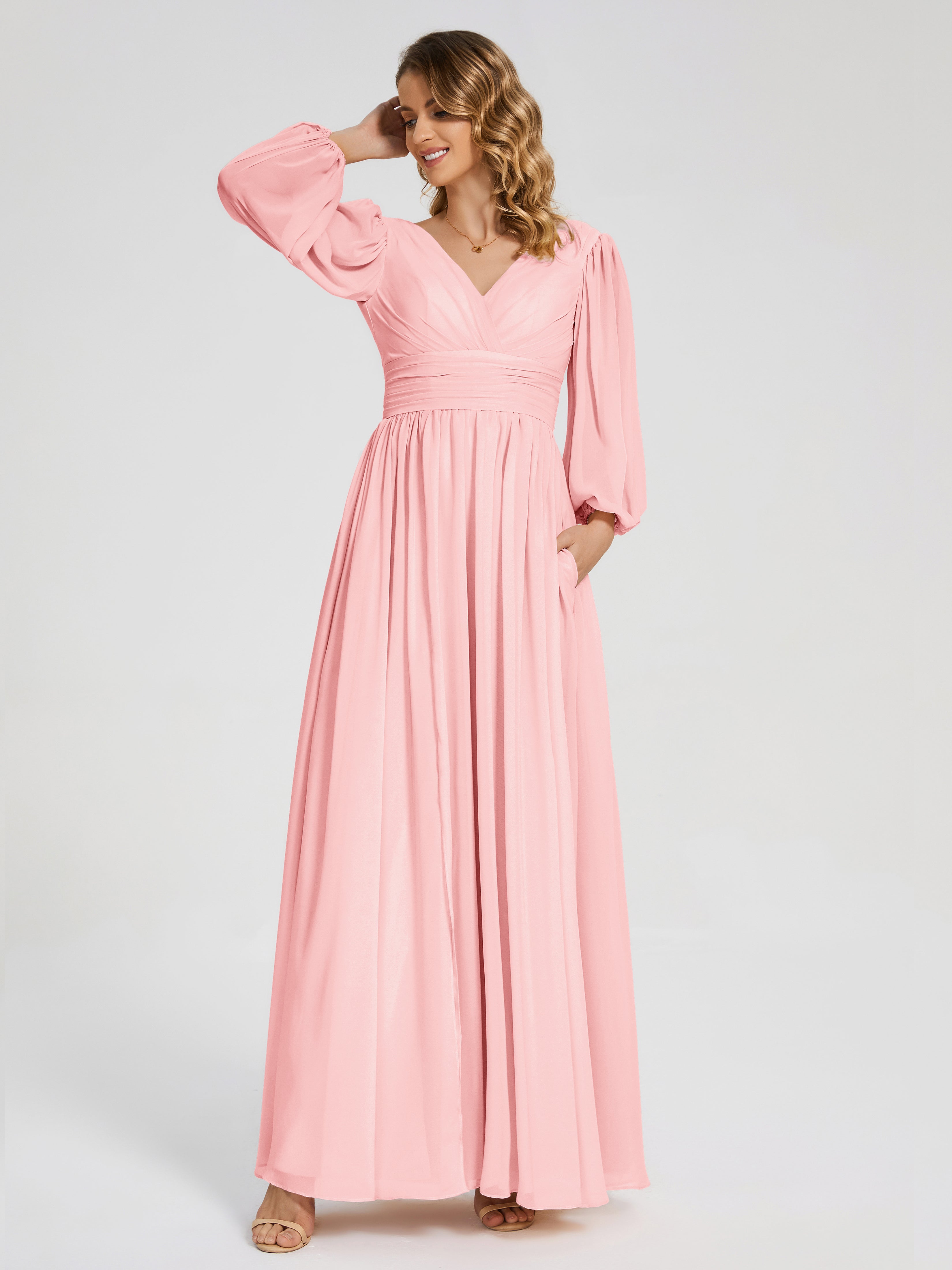 Robes De Demoiselle D'Honneur Rose Du Désert Manches Longues Dos Nu Mousseline Robes Demoiselle D'Honneur