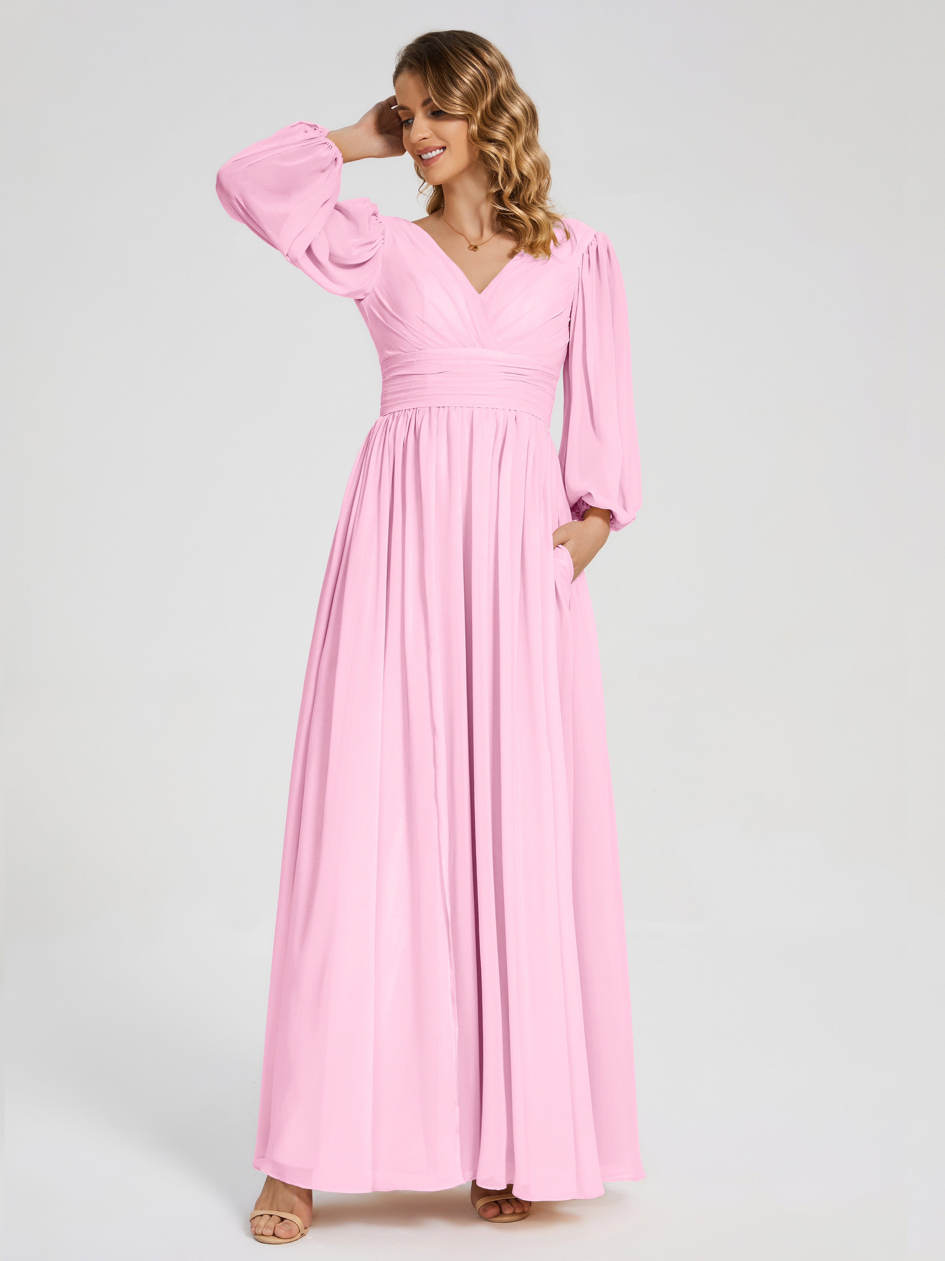 Robe Demoiselle D Honneur Rose Bonbon Manches Longues Dos Nu Mousseline Robes Demoiselle D'Honneur