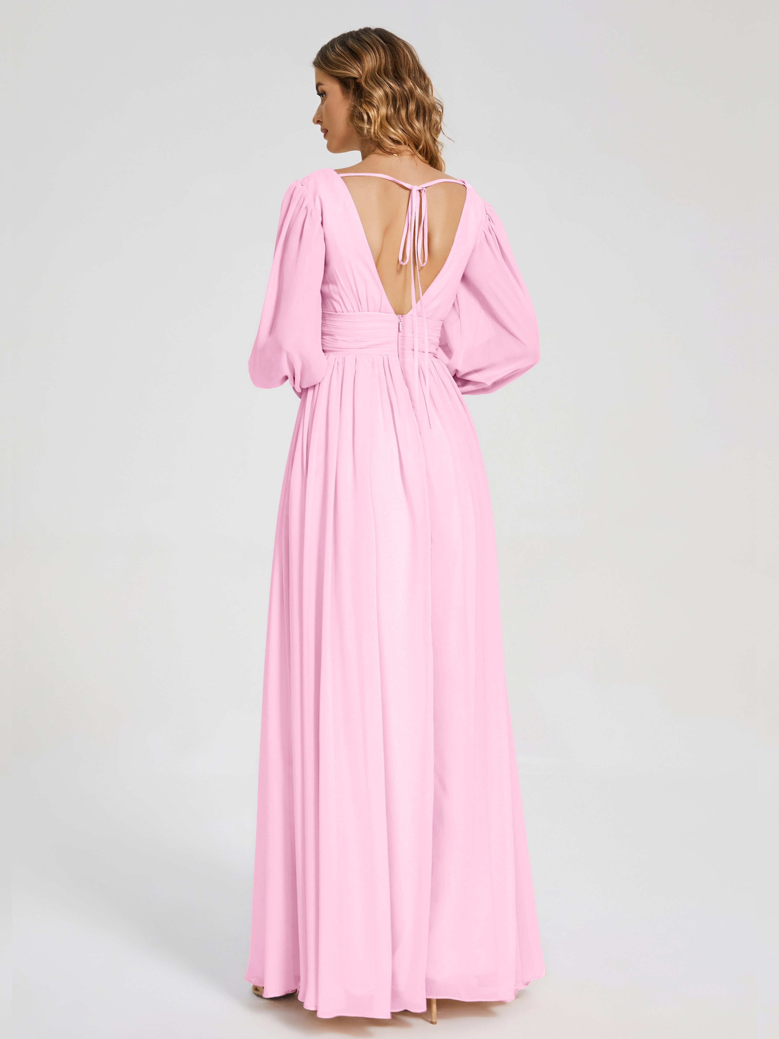 Robe Demoiselle D Honneur Rose Bonbon Manches Longues Dos Nu Mousseline Robes Demoiselle D'Honneur