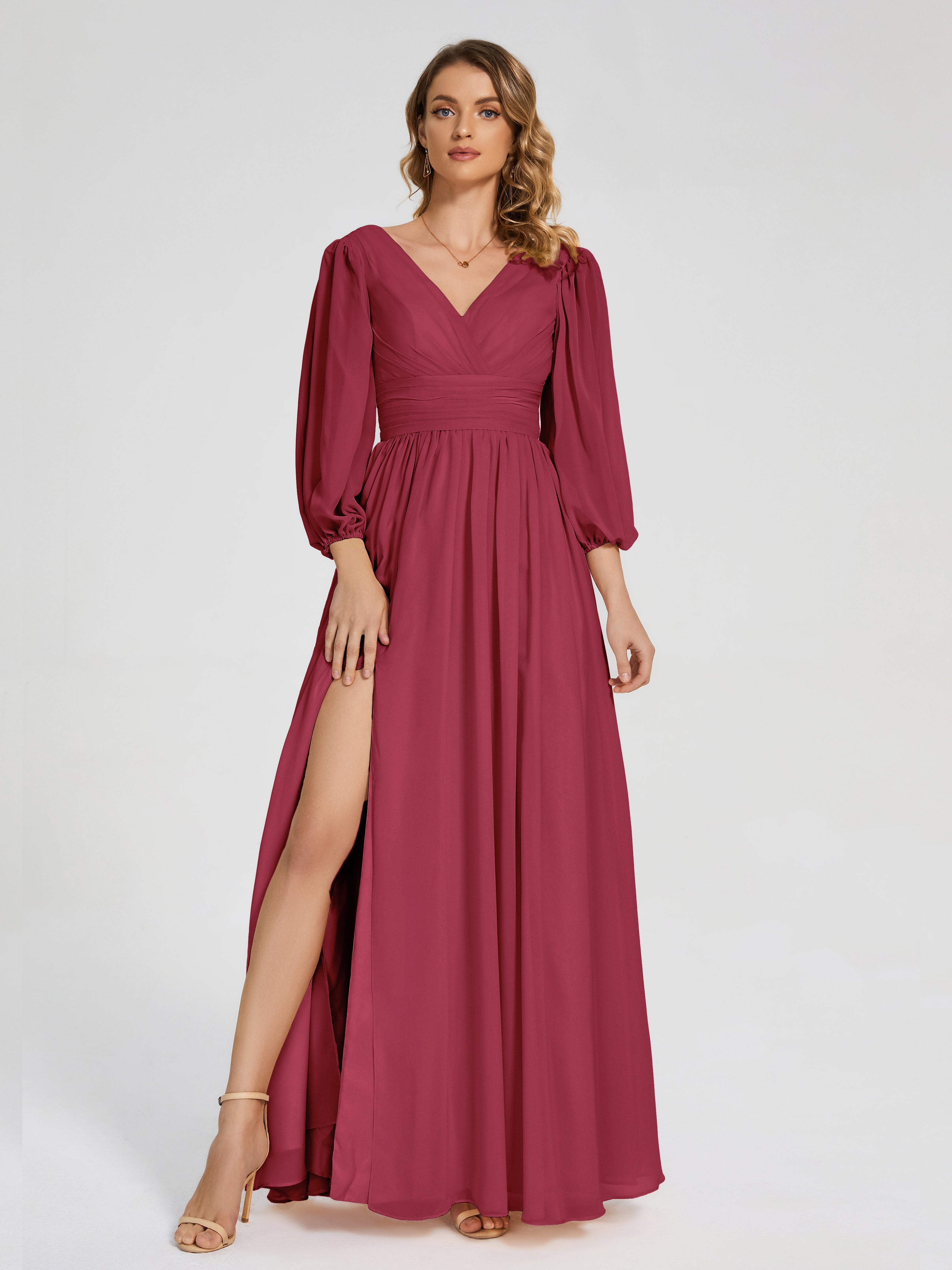 Couleur Rose Cannelle Manches Longues Dos Nu Mousseline Robes Demoiselle D'Honneur
