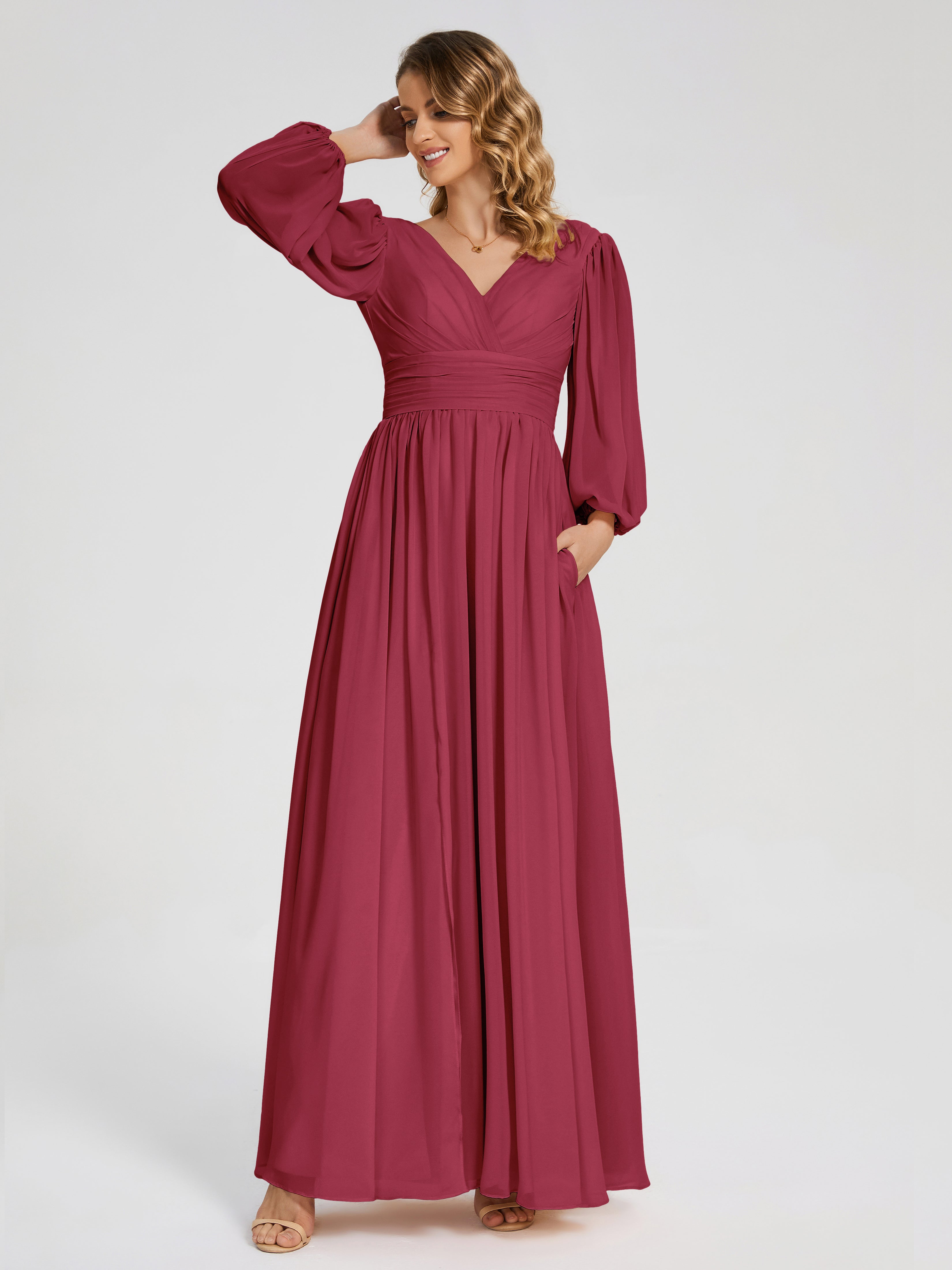 Couleur Rose Cannelle Manches Longues Dos Nu Mousseline Robes Demoiselle D'Honneur