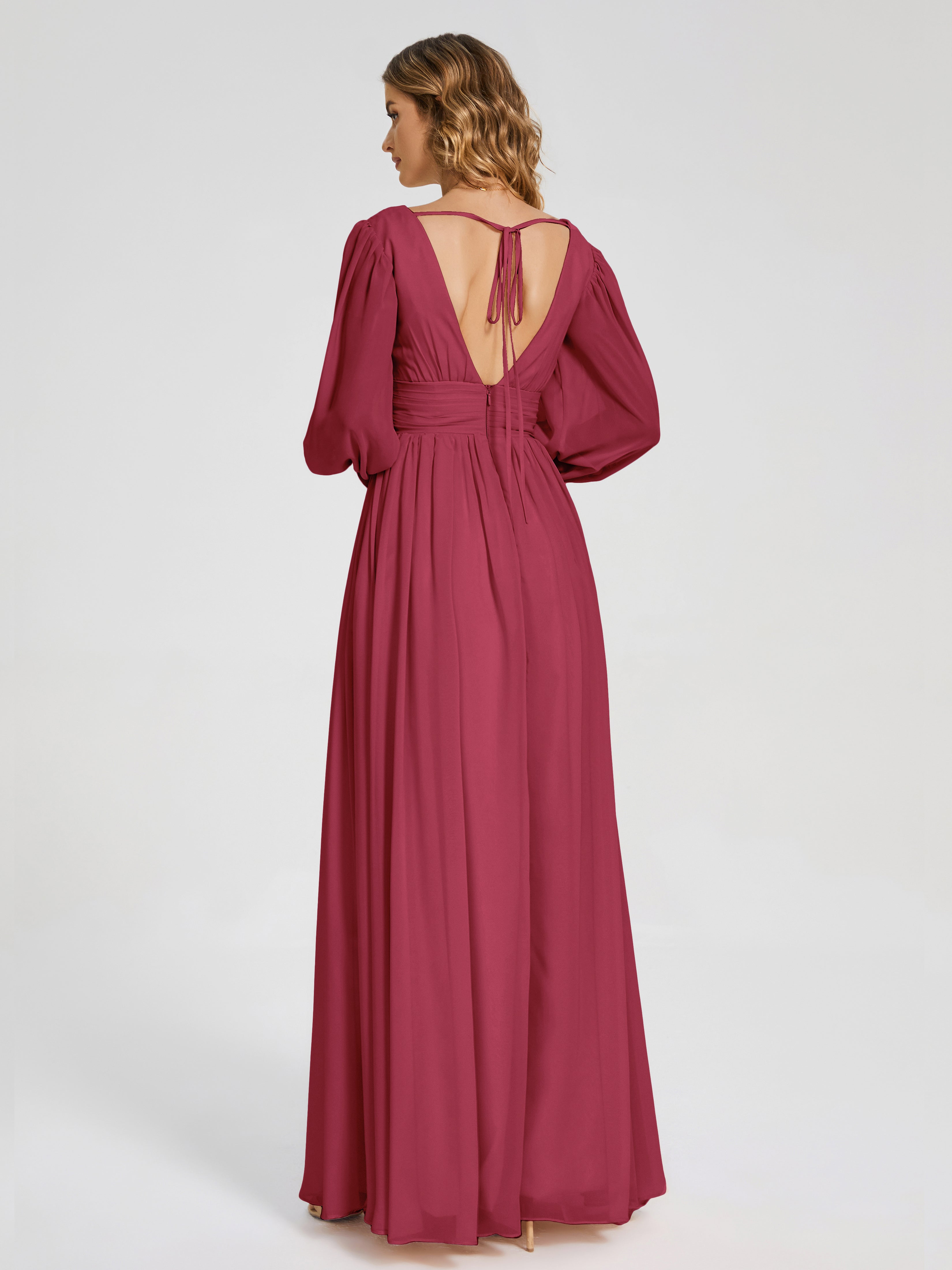 Couleur Rose Cannelle Manches Longues Dos Nu Mousseline Robes Demoiselle D'Honneur