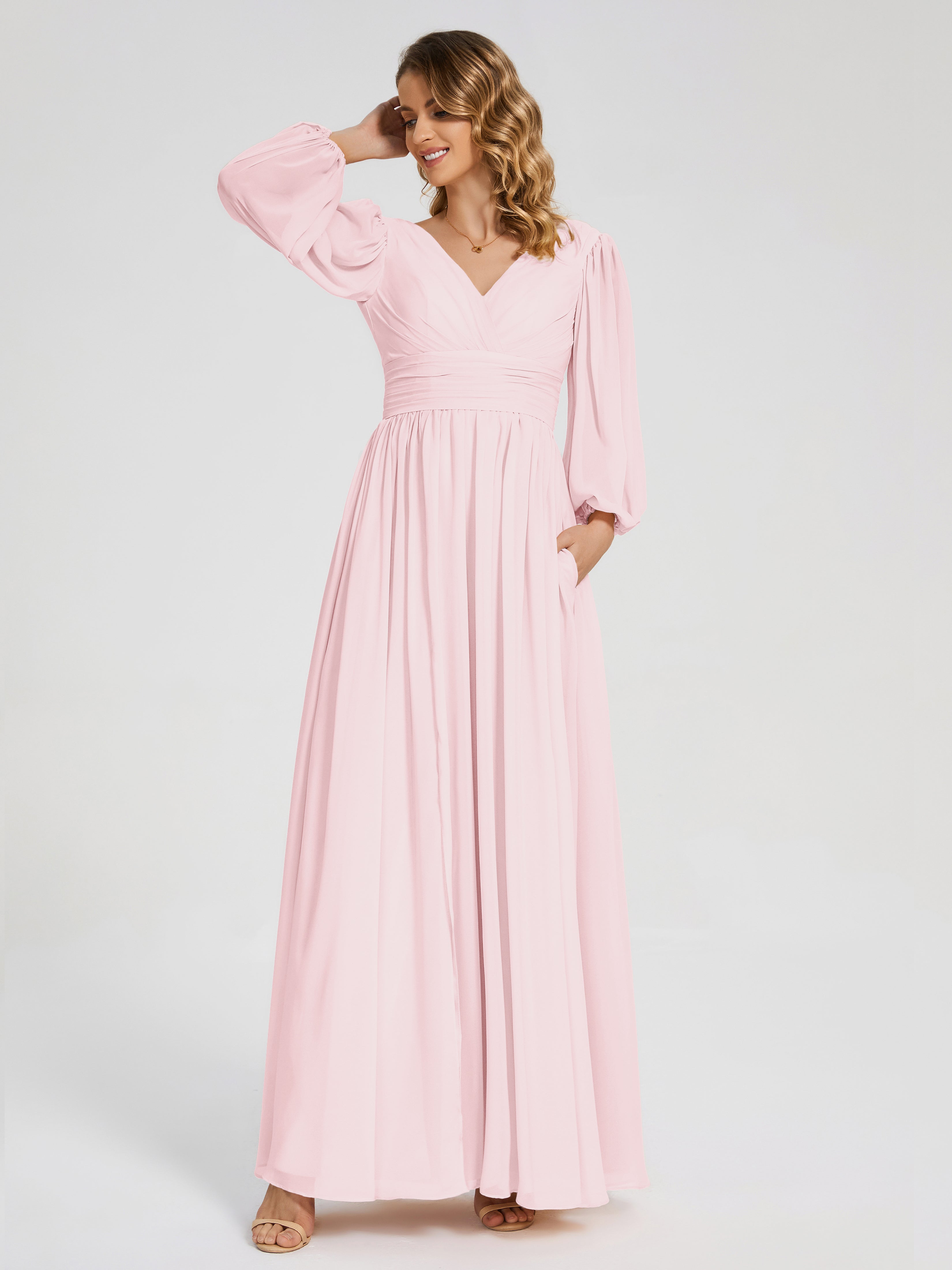 Robe Demoiselle D Honneur Rose Pale Manches Longues Dos Nu Mousseline Robes Demoiselle D'Honneur