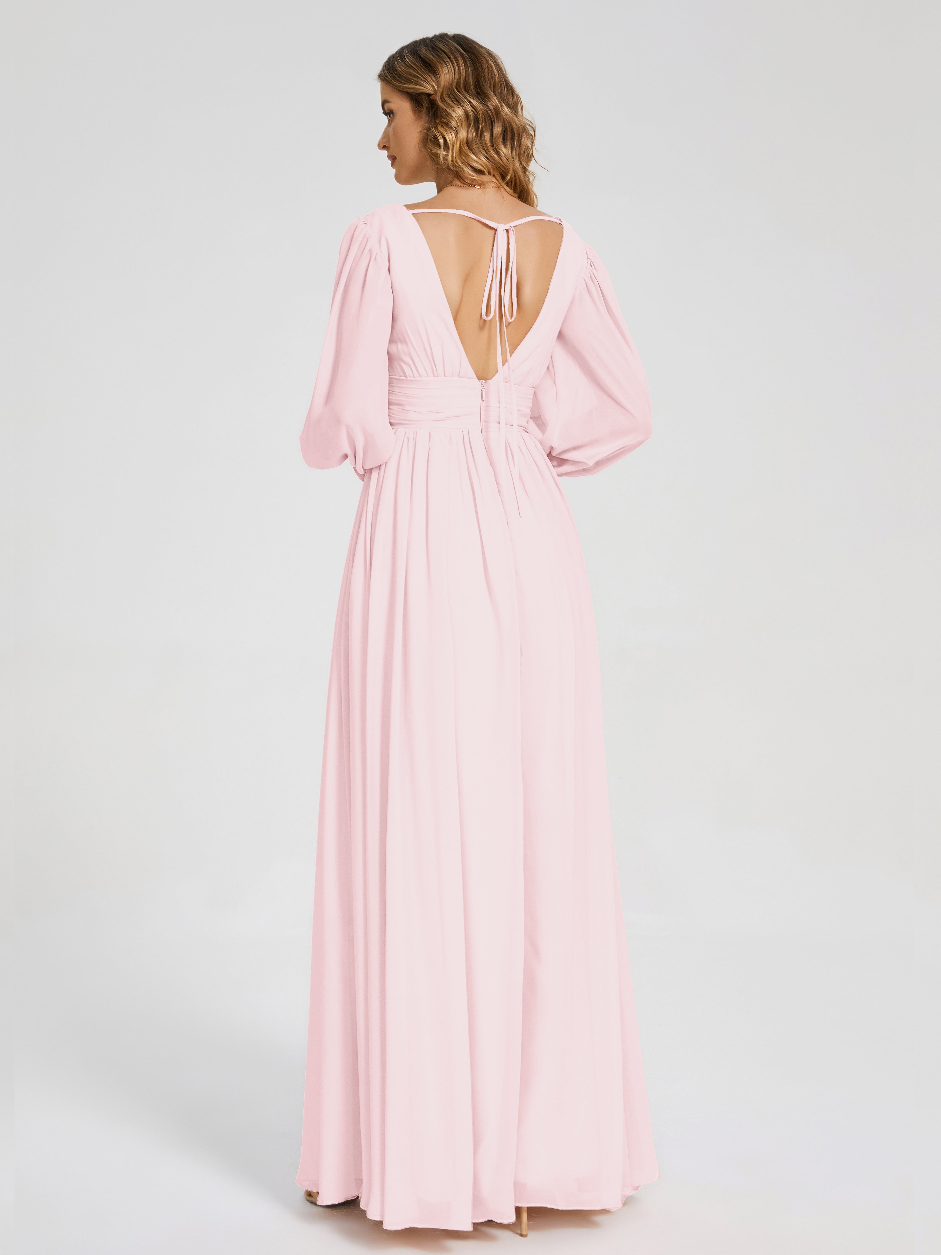 Robe Demoiselle D Honneur Rose Pale Manches Longues Dos Nu Mousseline Robes Demoiselle D'Honneur