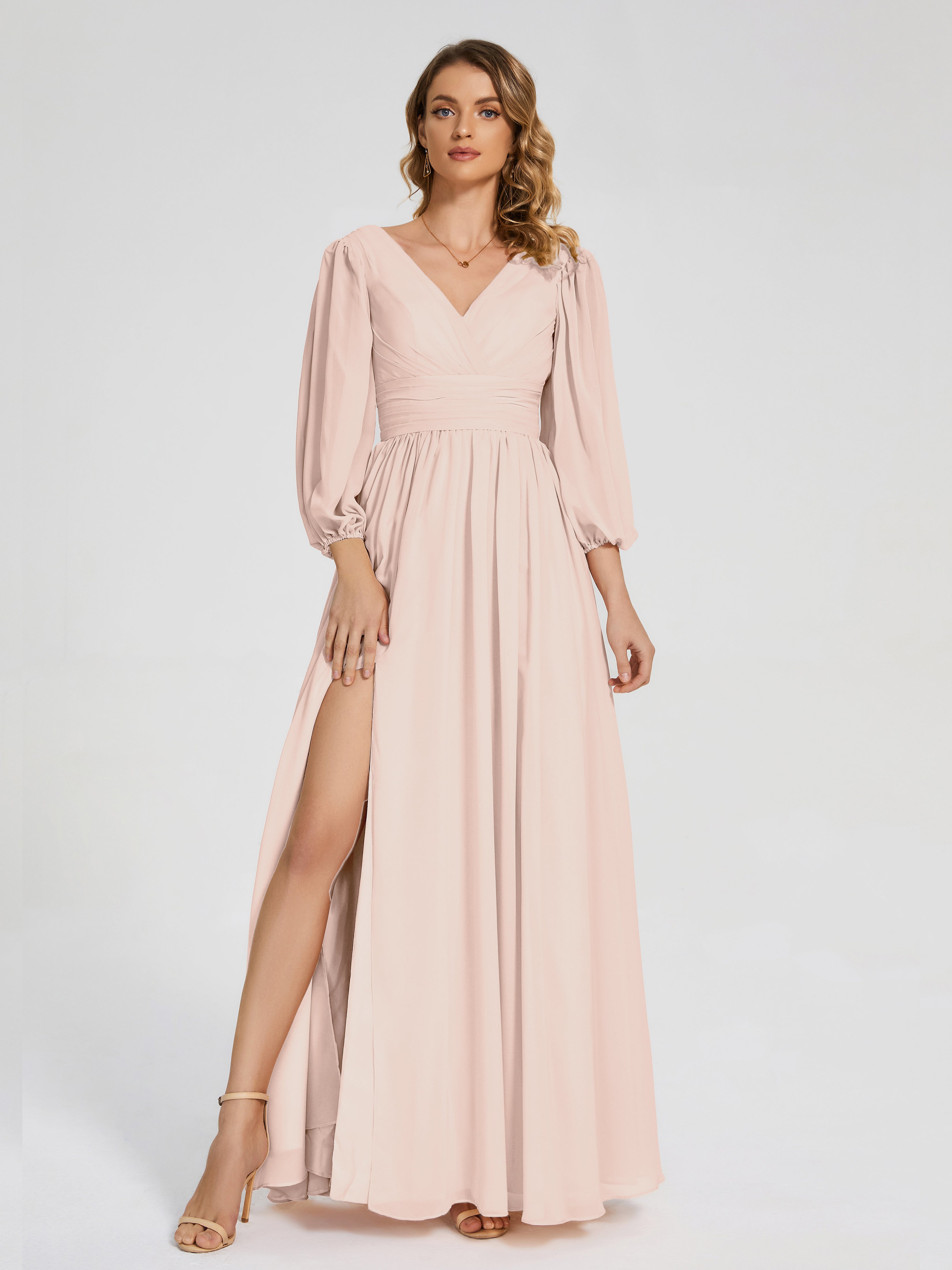 Robe Demoiselle D Honneur Rose Perle Manches Longues Dos Nu Mousseline Robes Demoiselle D'Honneur