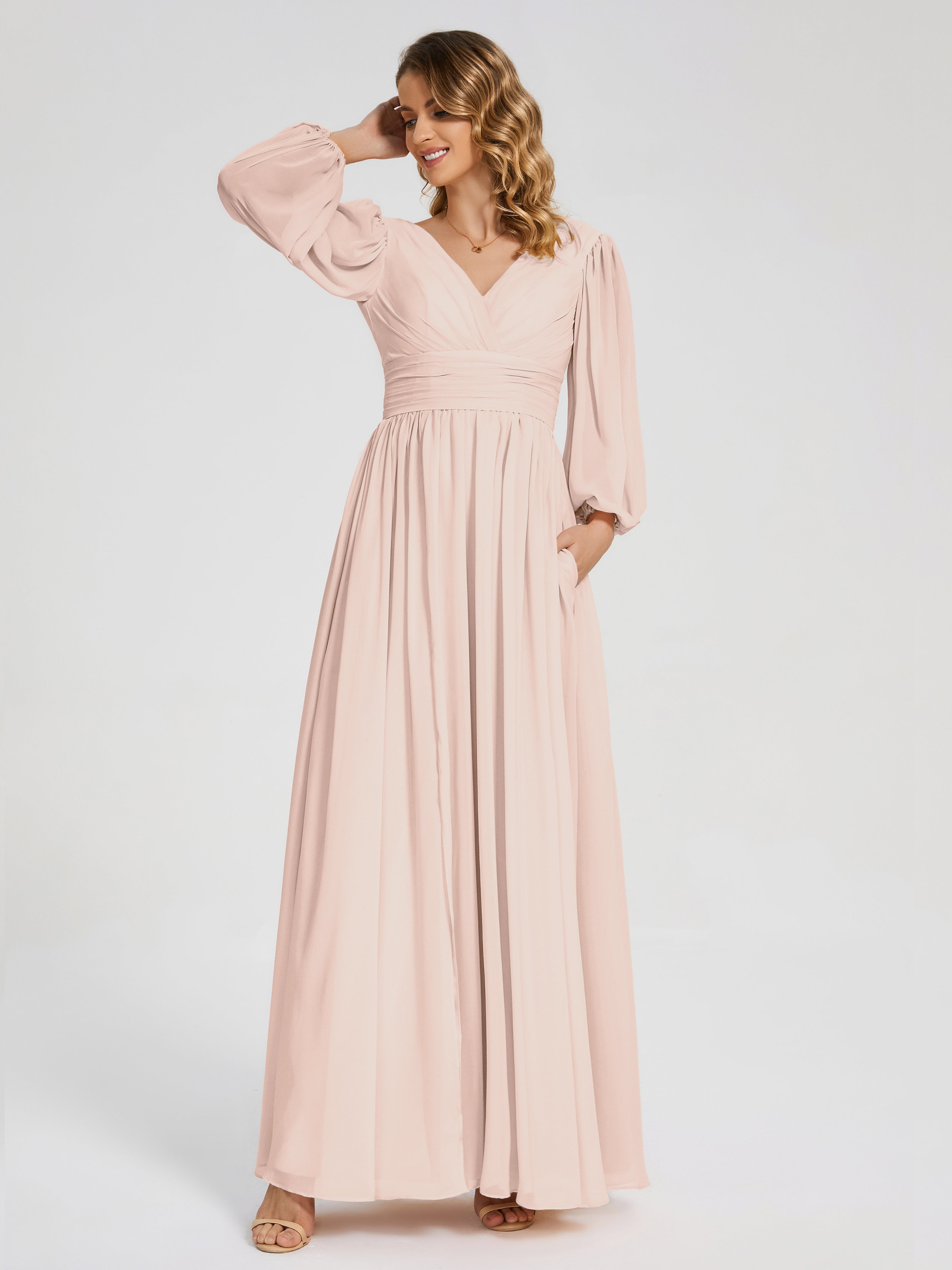 Robe Demoiselle D Honneur Rose Perle Manches Longues Dos Nu Mousseline Robes Demoiselle D'Honneur