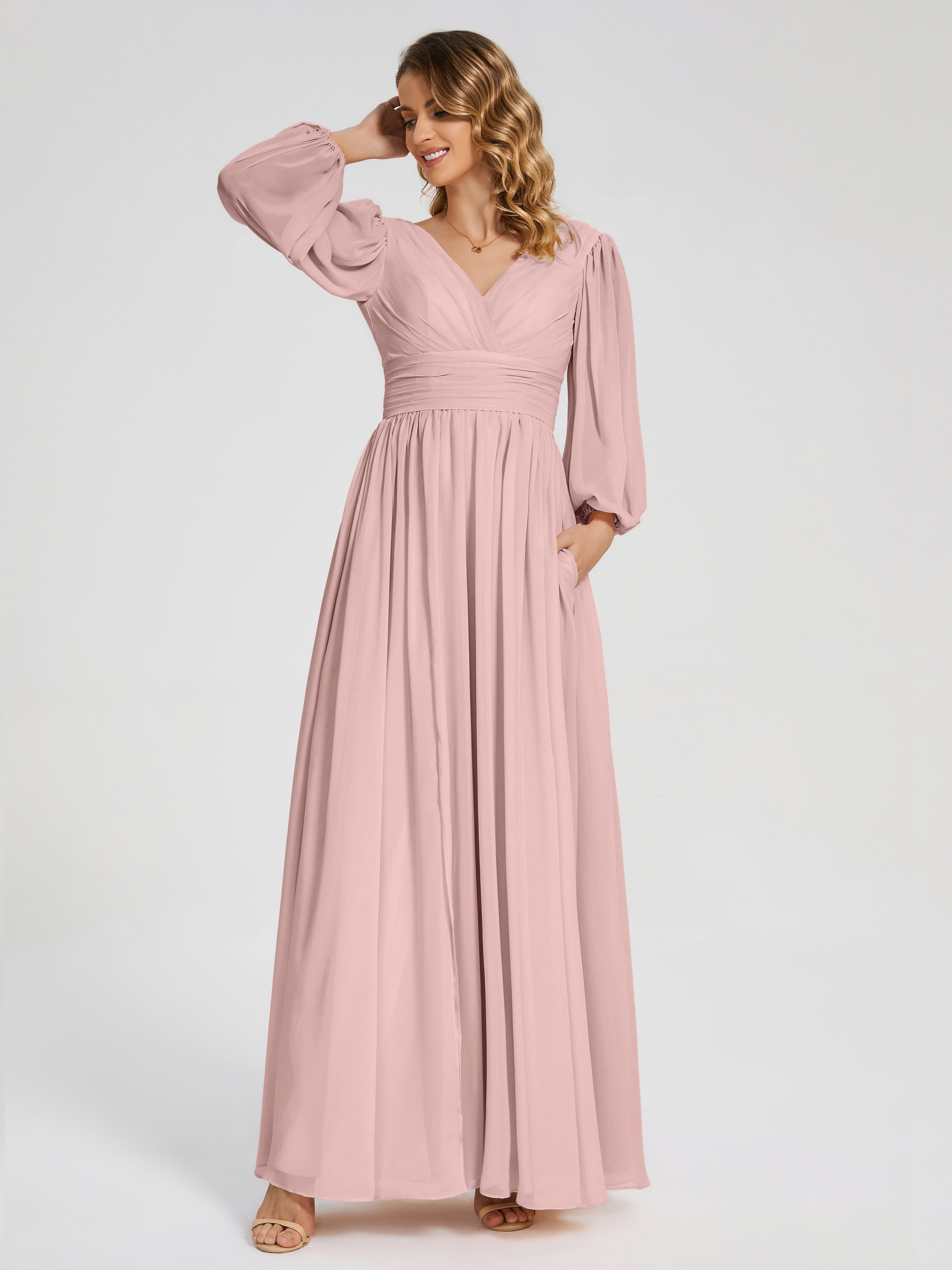 Robes De Demoiselle D'Honneur Couleur Rose Poudrée Manches Longues Dos Nu Mousseline Robes Demoiselle D'Honneur