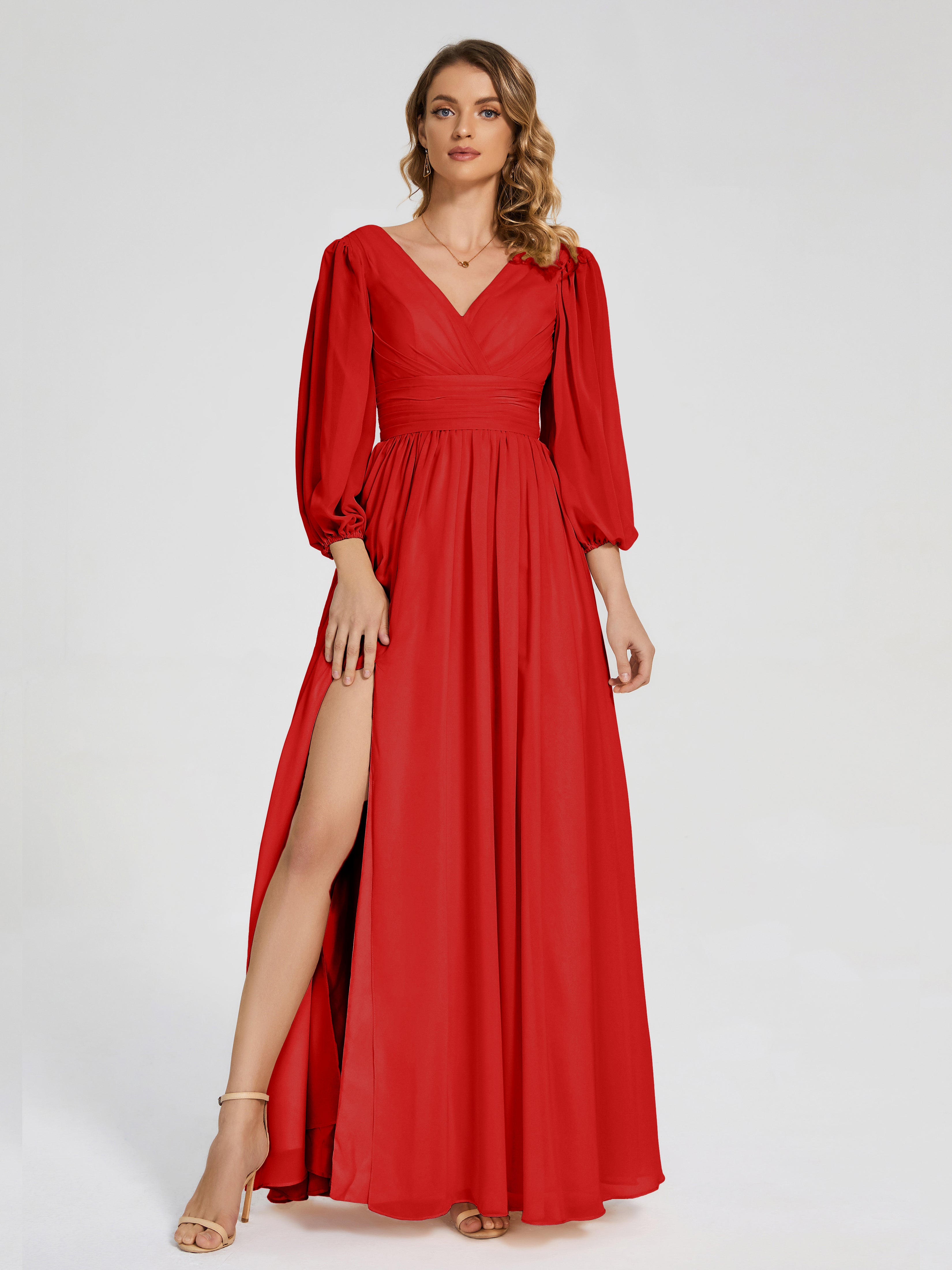 Robe Rouge Demoiselle D Honneur Manches Longues Dos Nu Mousseline Robes Demoiselle D'Honneur