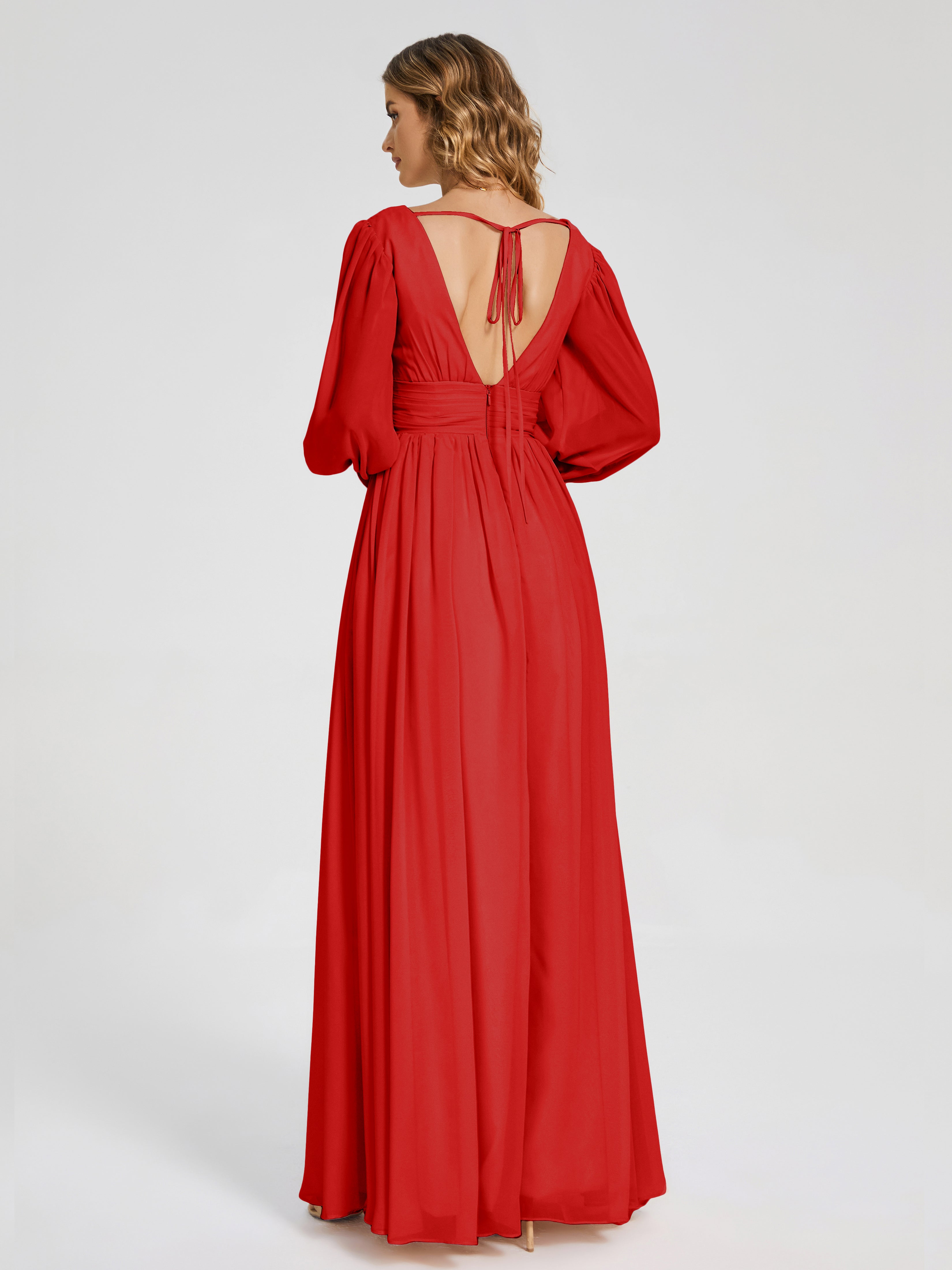 Robe Rouge Demoiselle D Honneur Manches Longues Dos Nu Mousseline Robes Demoiselle D'Honneur