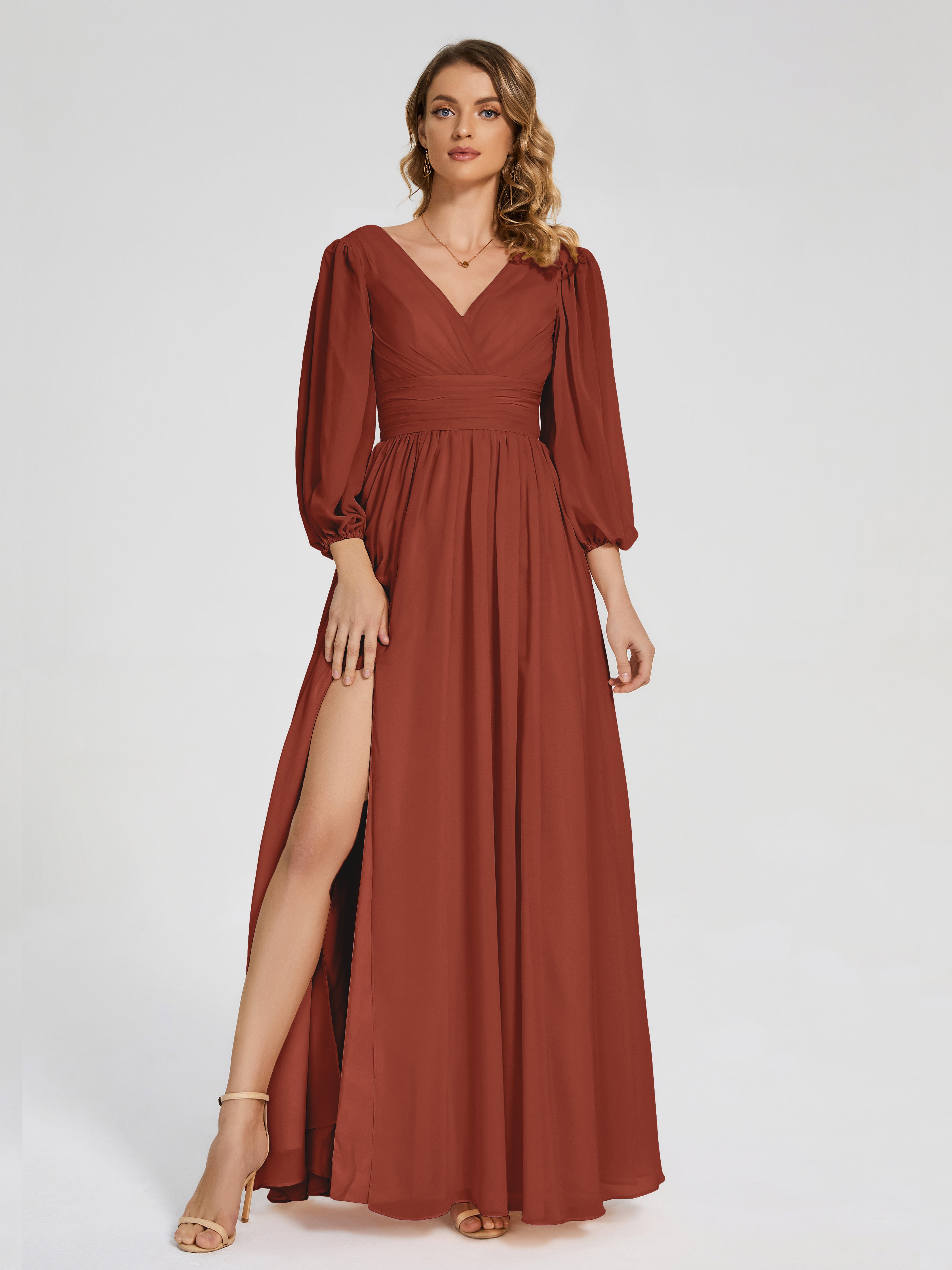 Robes De Demoiselle D'Honneur Couleur Rouille Manches Longues Dos Nu Mousseline Robes Demoiselle D'Honneur