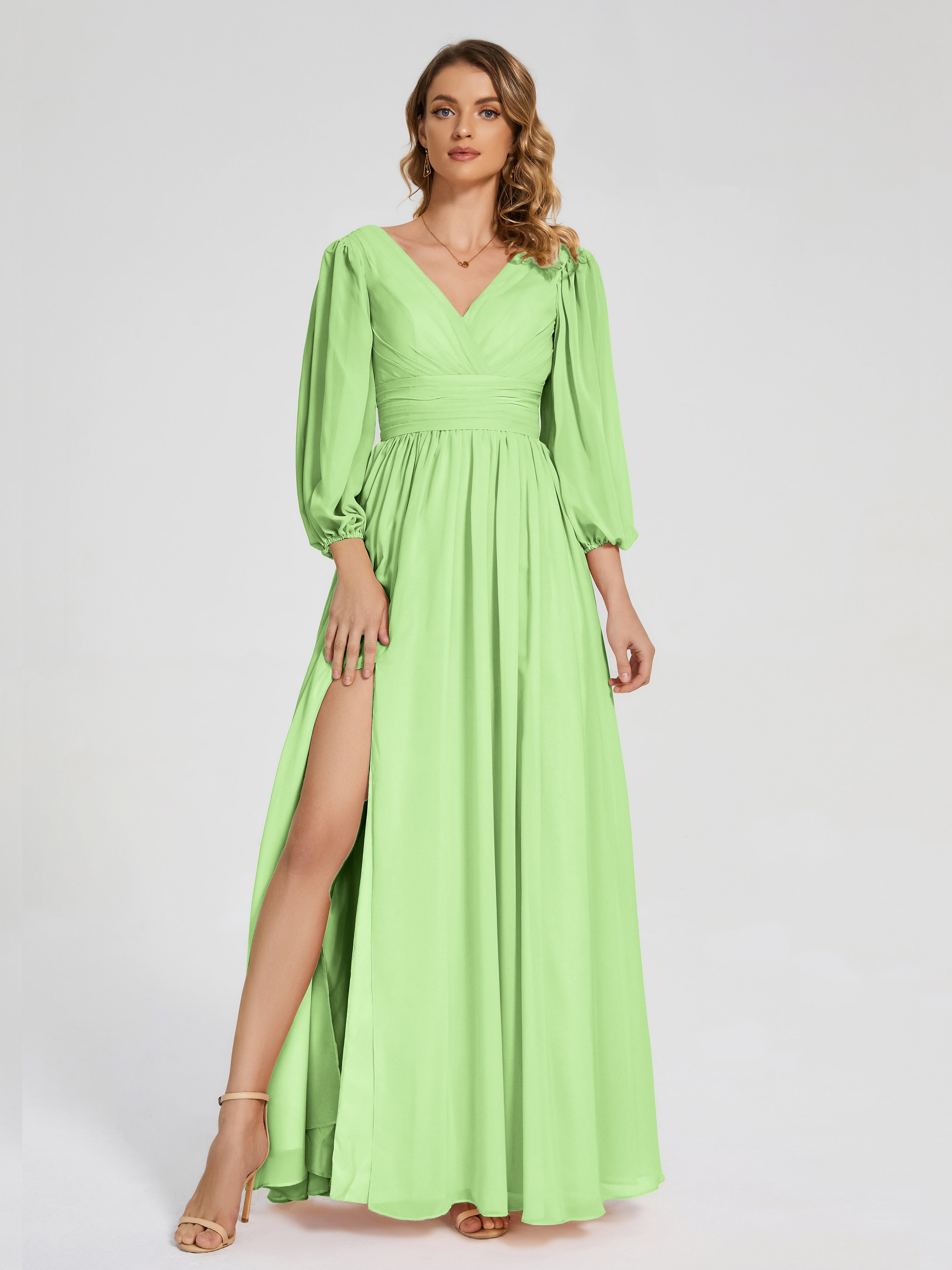 Demoiselle D'Honneur Vert Sauge Manches Longues Dos Nu Mousseline Robes Demoiselle D'Honneur