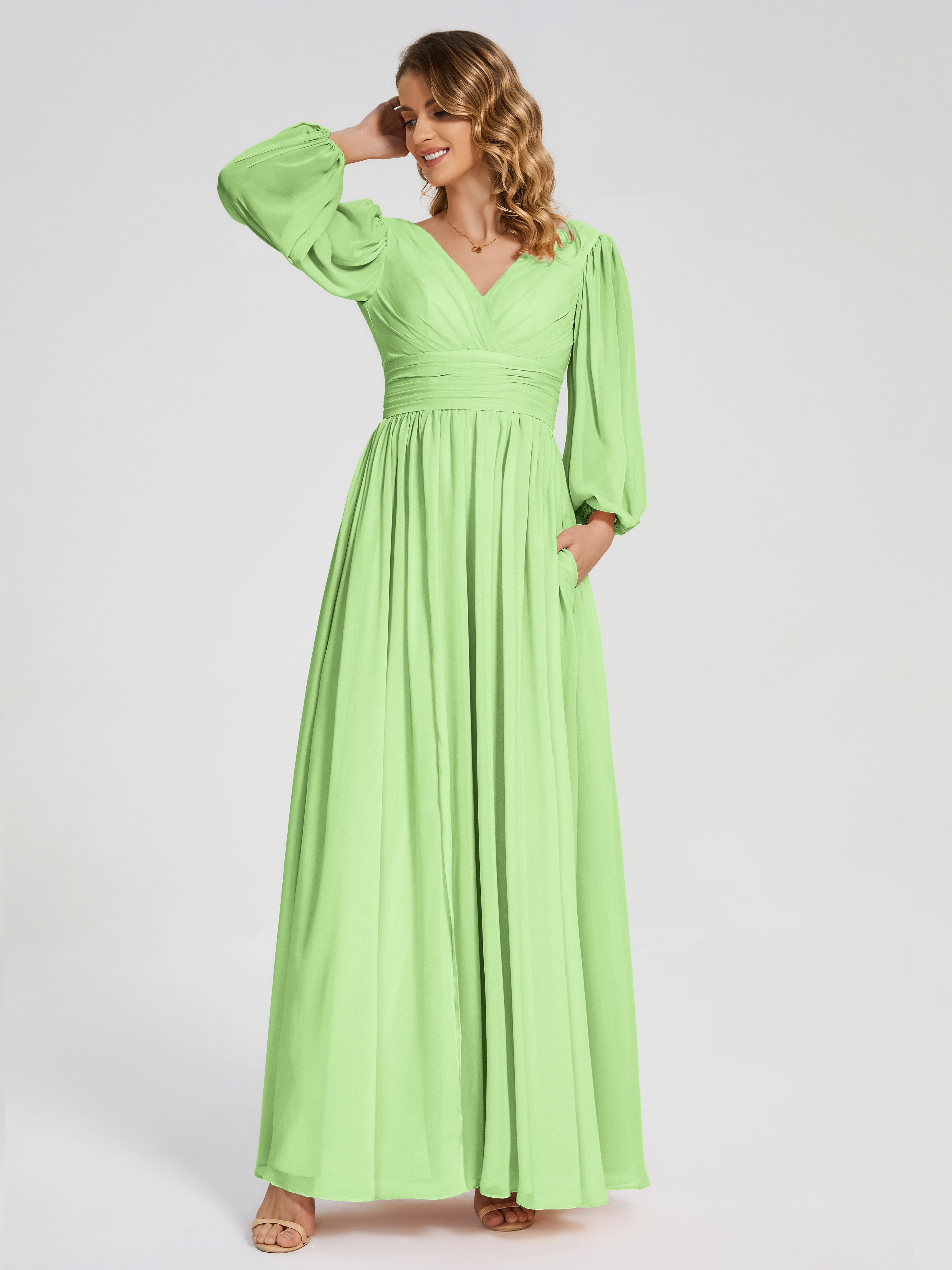 Demoiselle D'Honneur Vert Sauge Manches Longues Dos Nu Mousseline Robes Demoiselle D'Honneur