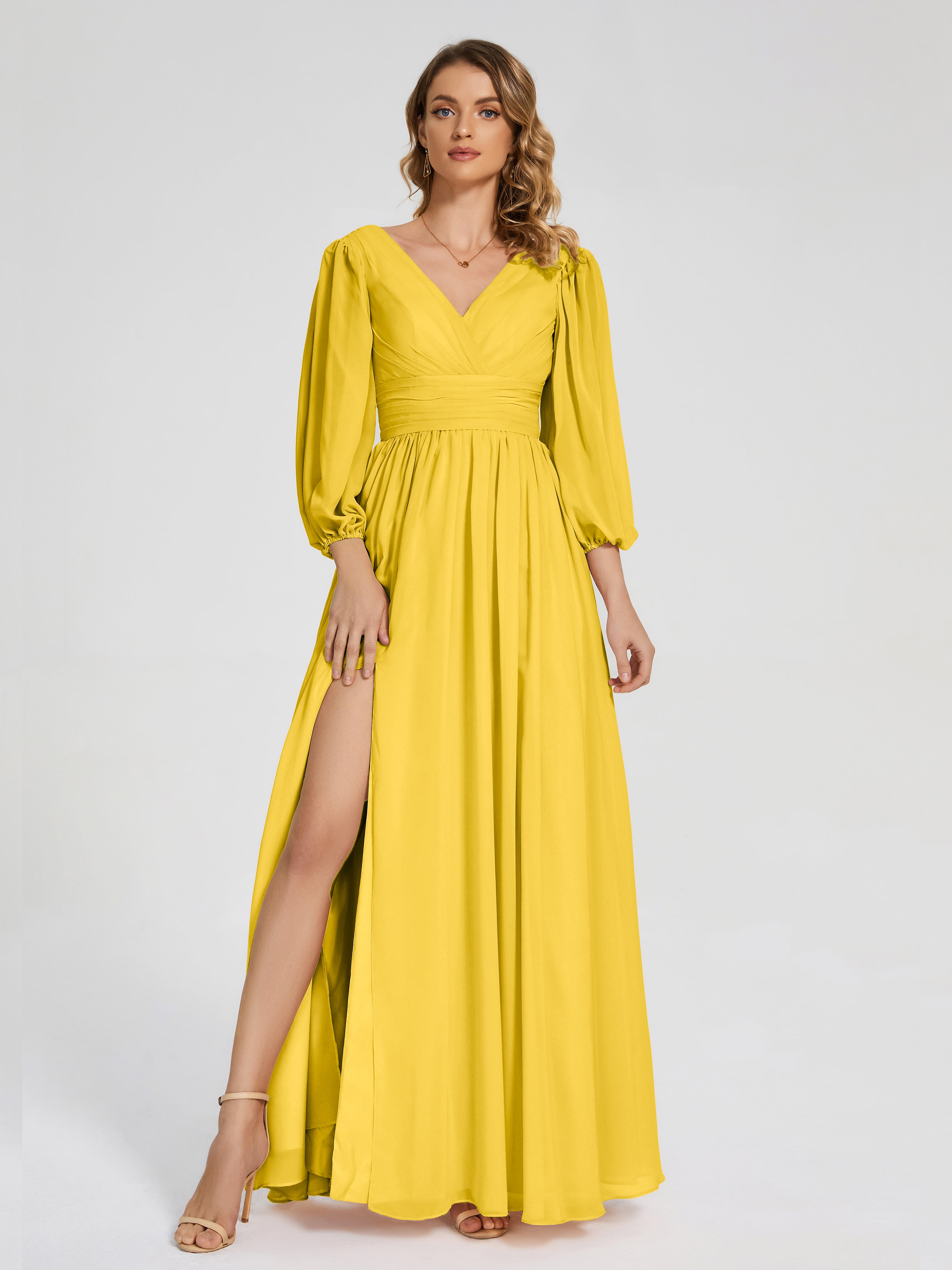 Robe De Demoiselle D'Honneur Souci Manches Longues Dos Nu Mousseline Robes Demoiselle D'Honneur