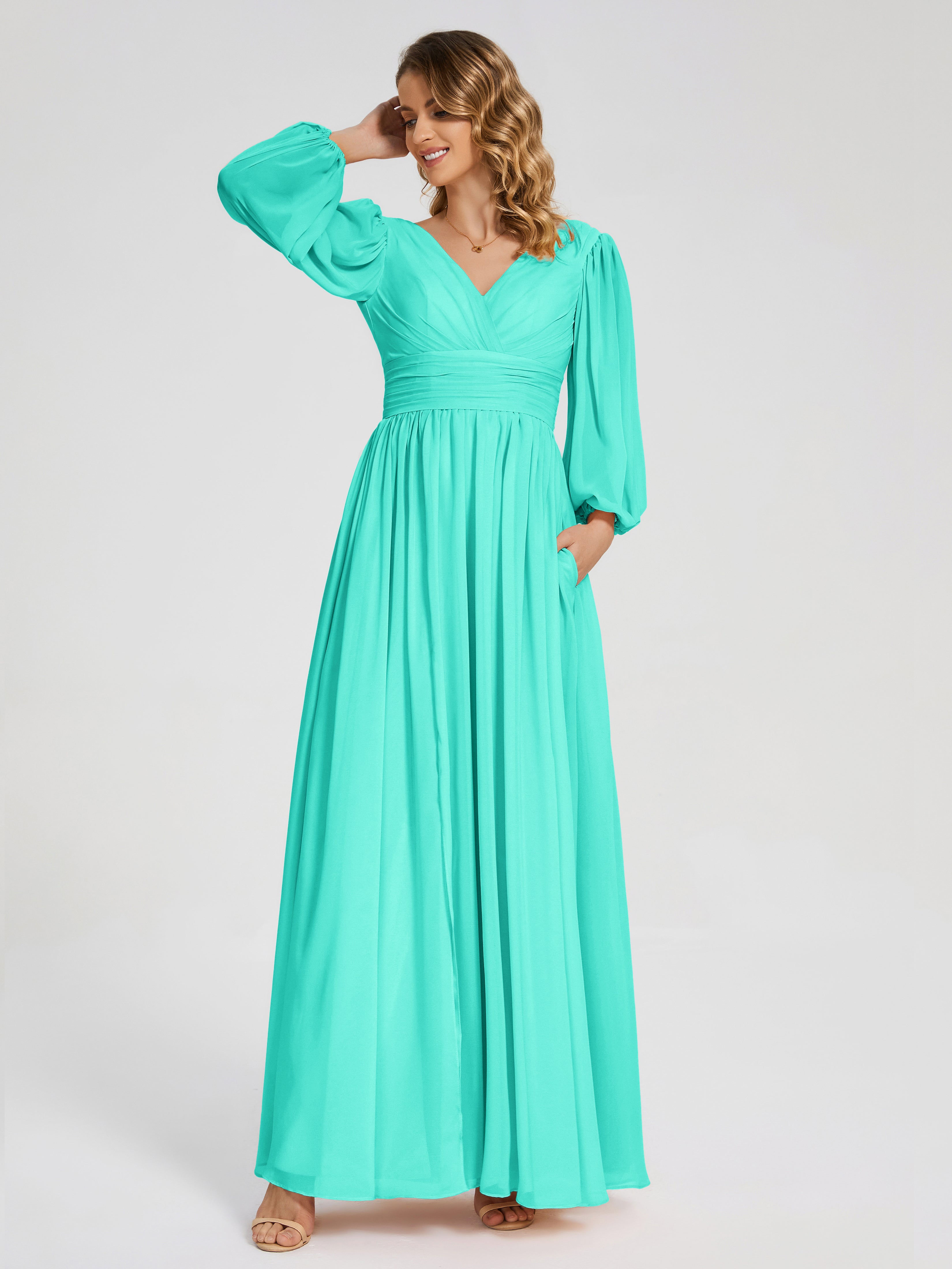 Robes De Demoiselle D'Honneur Spa Manches Longues Dos Nu Mousseline Robes Demoiselle D'Honneur