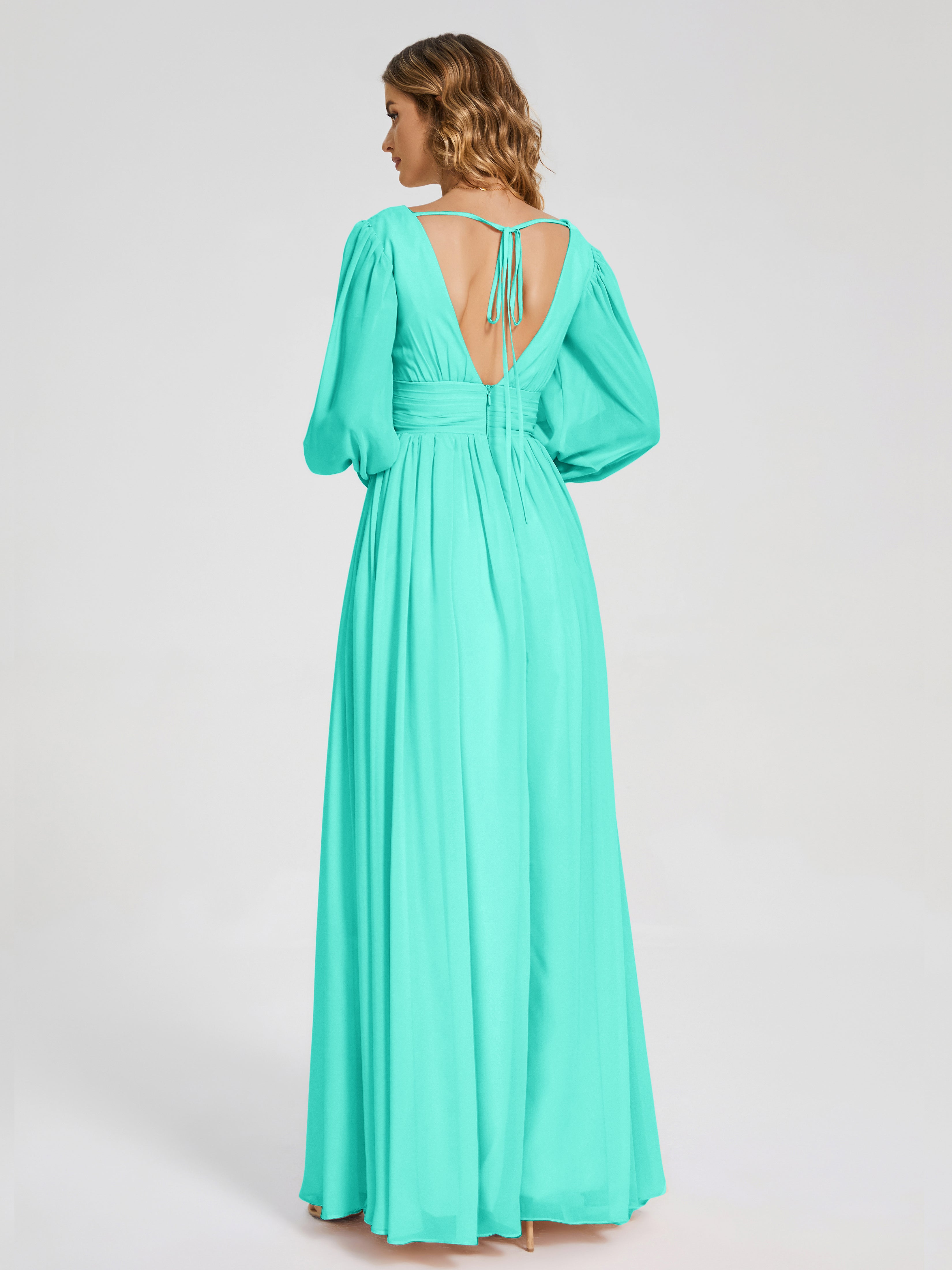 Robes De Demoiselle D'Honneur Spa Manches Longues Dos Nu Mousseline Robes Demoiselle D'Honneur