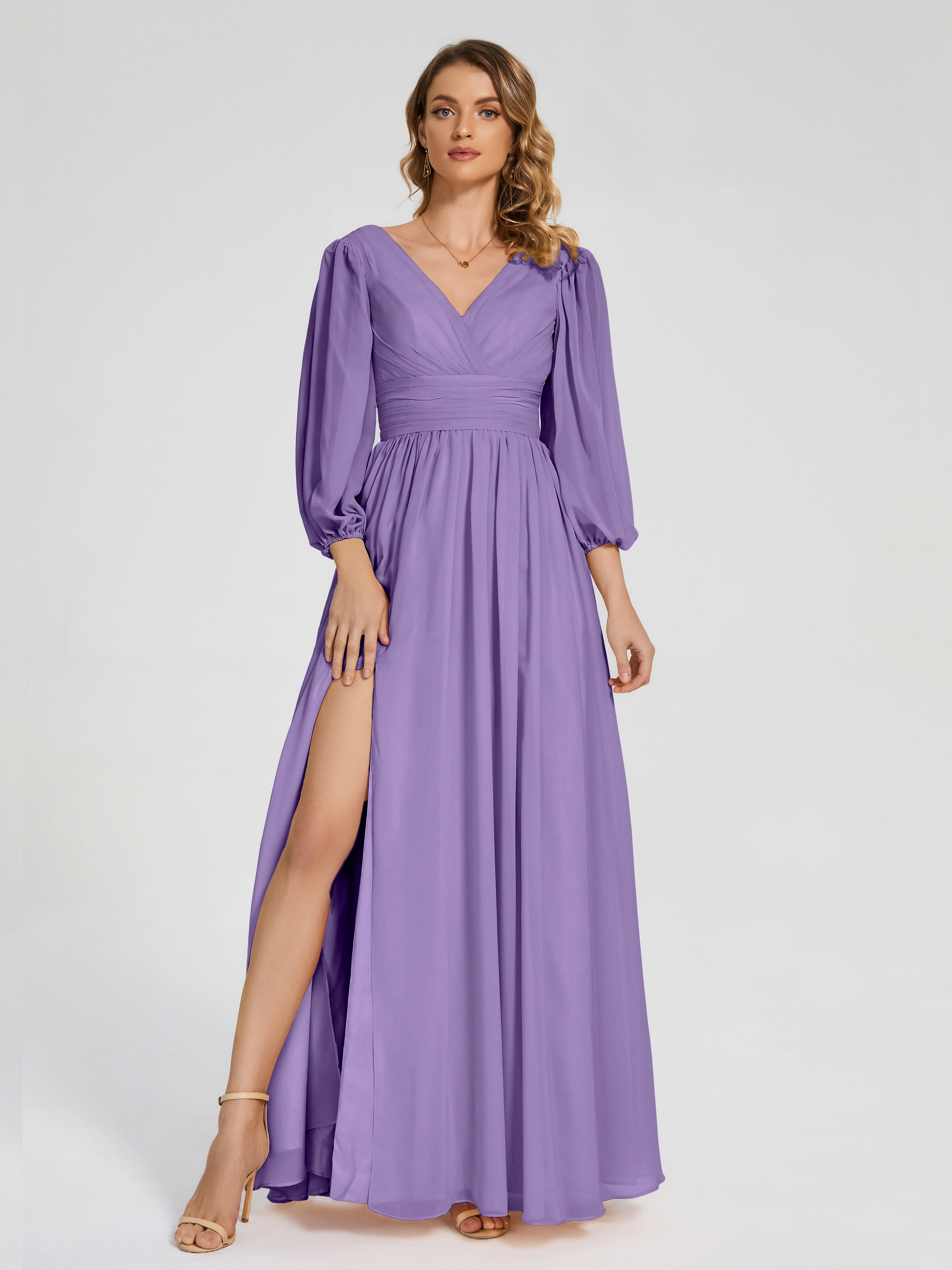 Robes De Demoiselle D'Honneur Tahiti Manches Longues Dos Nu Mousseline Robes Demoiselle D'Honneur