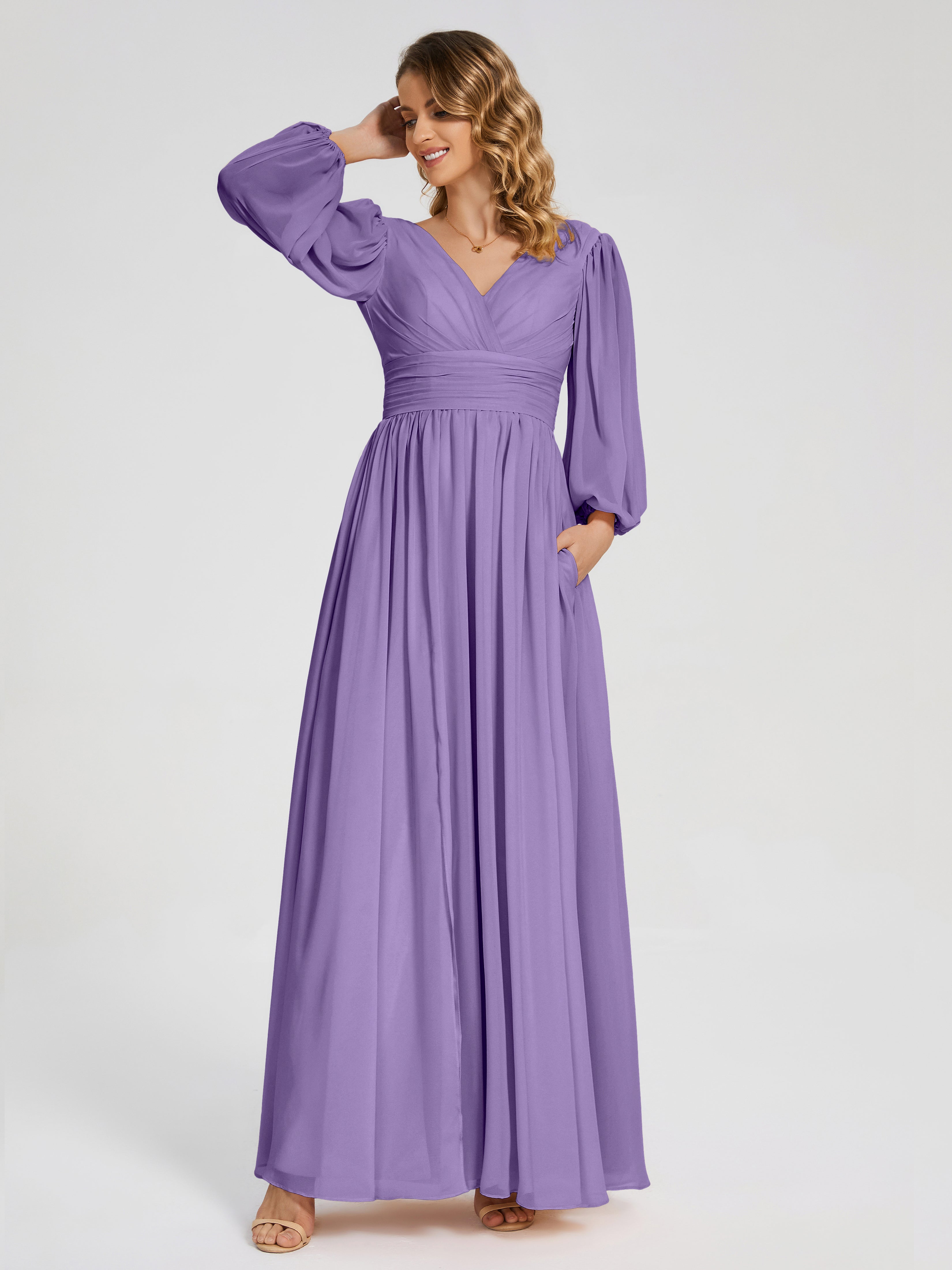 Robes De Demoiselle D'Honneur Tahiti Manches Longues Dos Nu Mousseline Robes Demoiselle D'Honneur