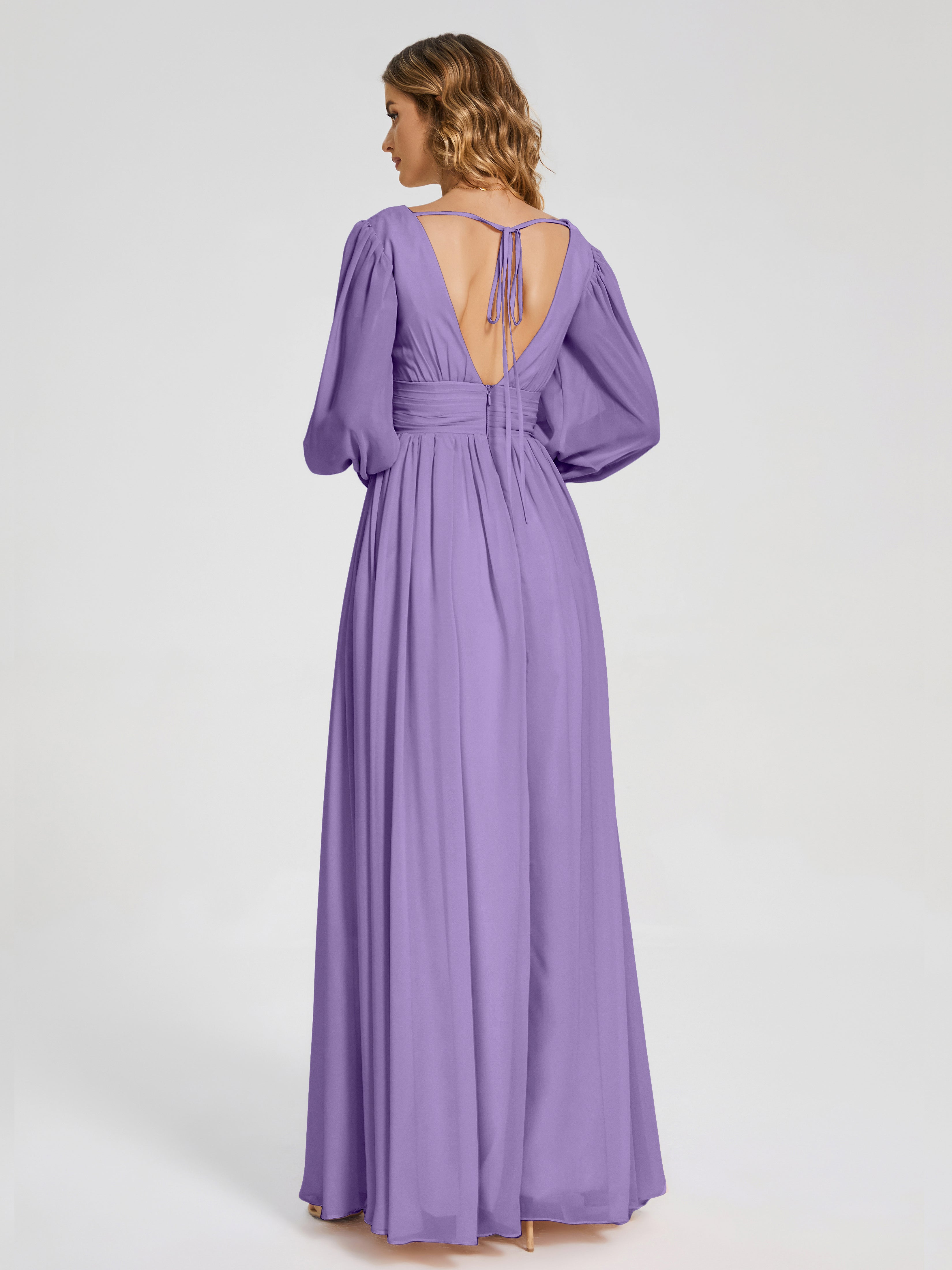 Robes De Demoiselle D'Honneur Tahiti Manches Longues Dos Nu Mousseline Robes Demoiselle D'Honneur