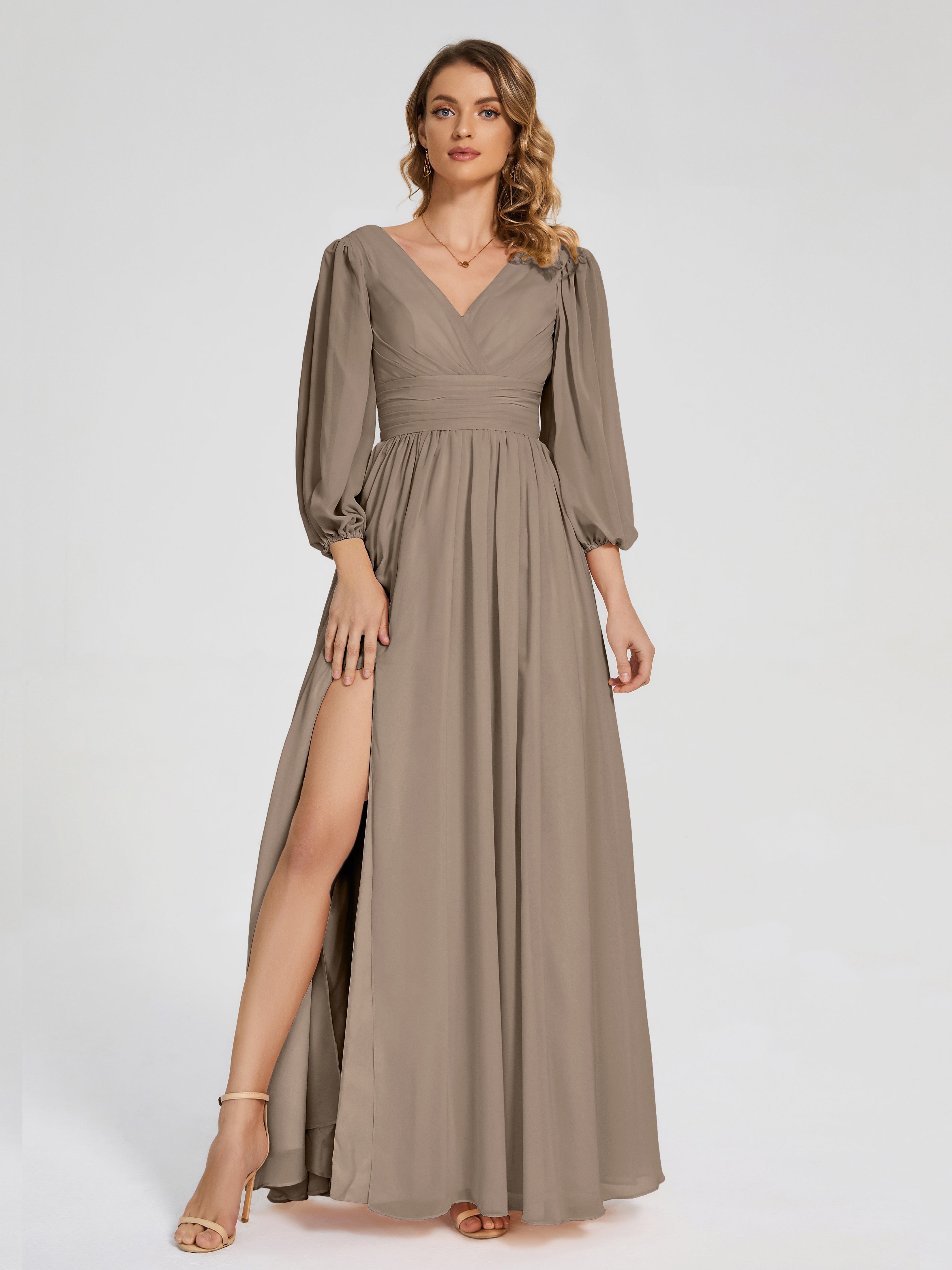 Couleur Taupe Robe Manches Longues Dos Nu Mousseline Robes Demoiselle D'Honneur