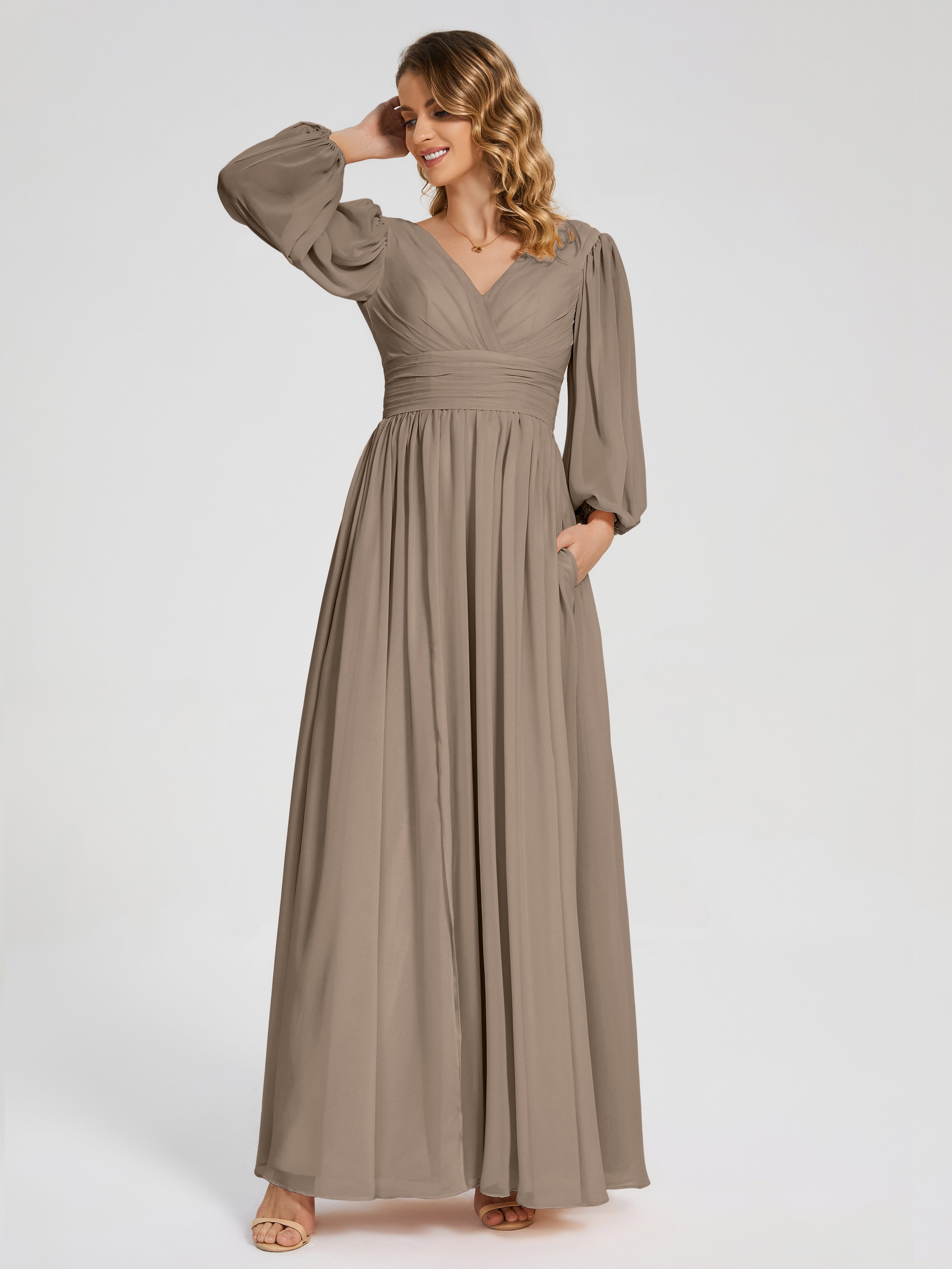 Couleur Taupe Robe Manches Longues Dos Nu Mousseline Robes Demoiselle D'Honneur