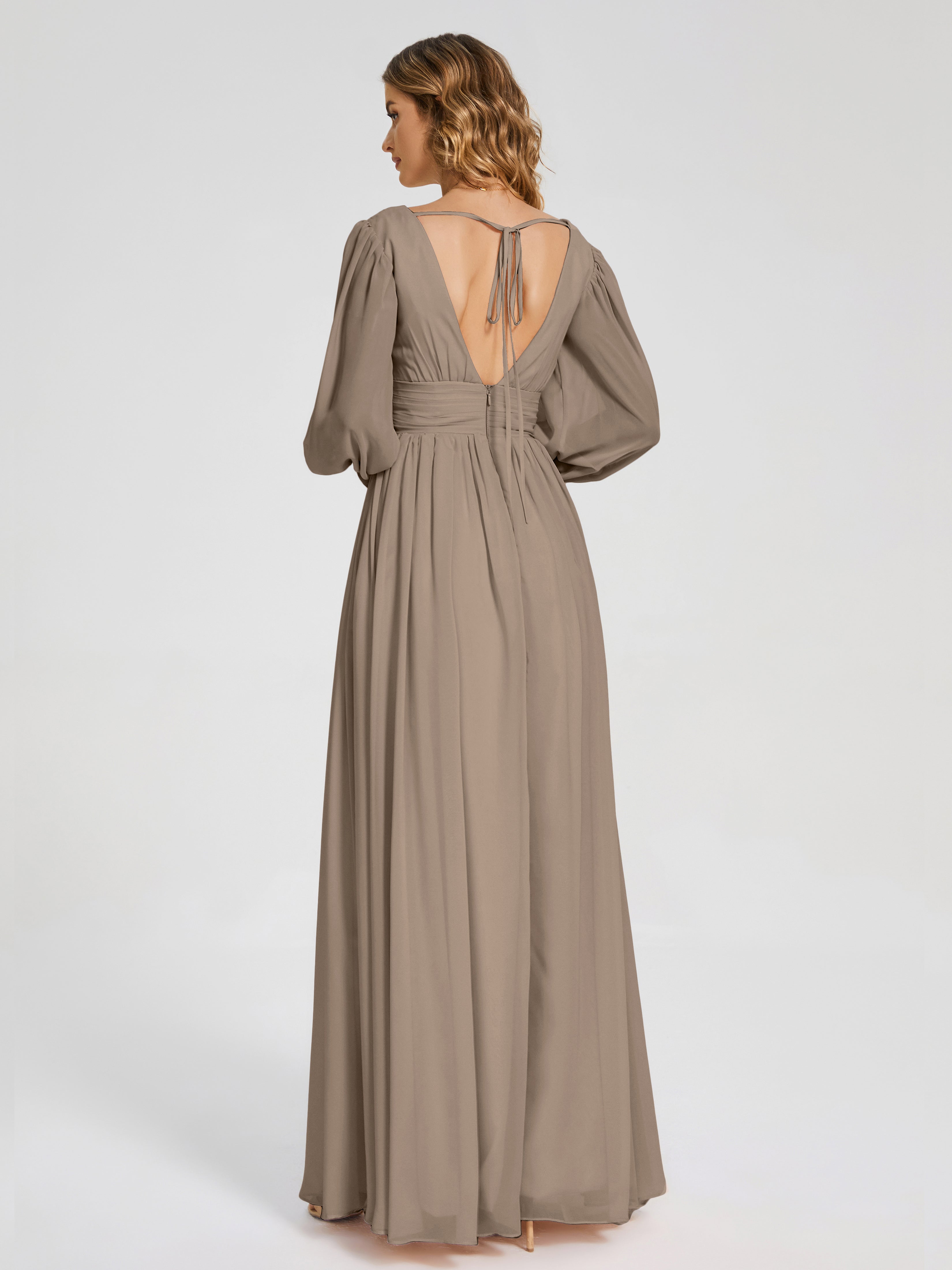Couleur Taupe Robe Manches Longues Dos Nu Mousseline Robes Demoiselle D'Honneur