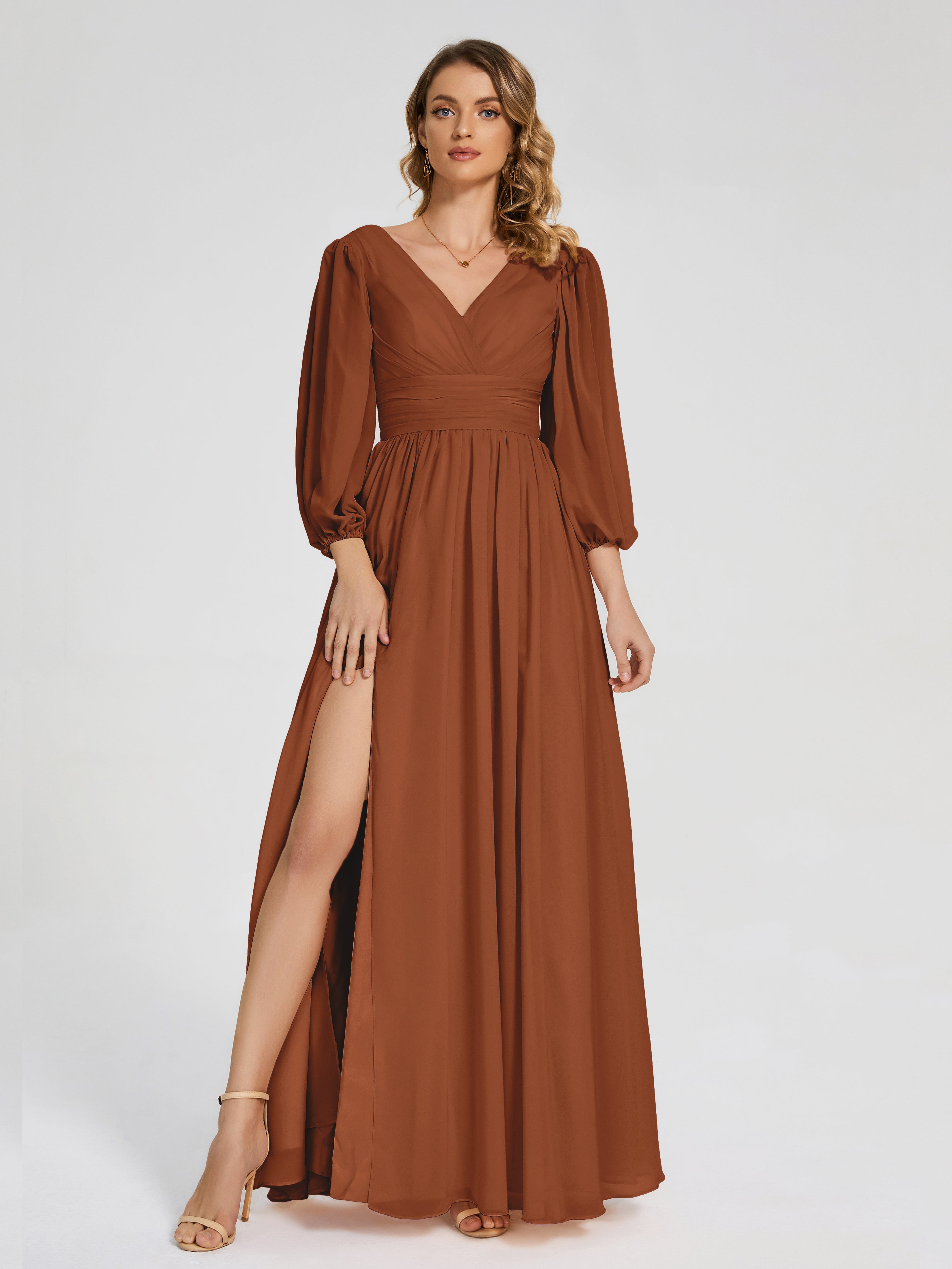 Robes De Demoiselle D'Honneur En Terre Cuite Manches Longues Dos Nu Mousseline Robes Demoiselle D'Honneur
