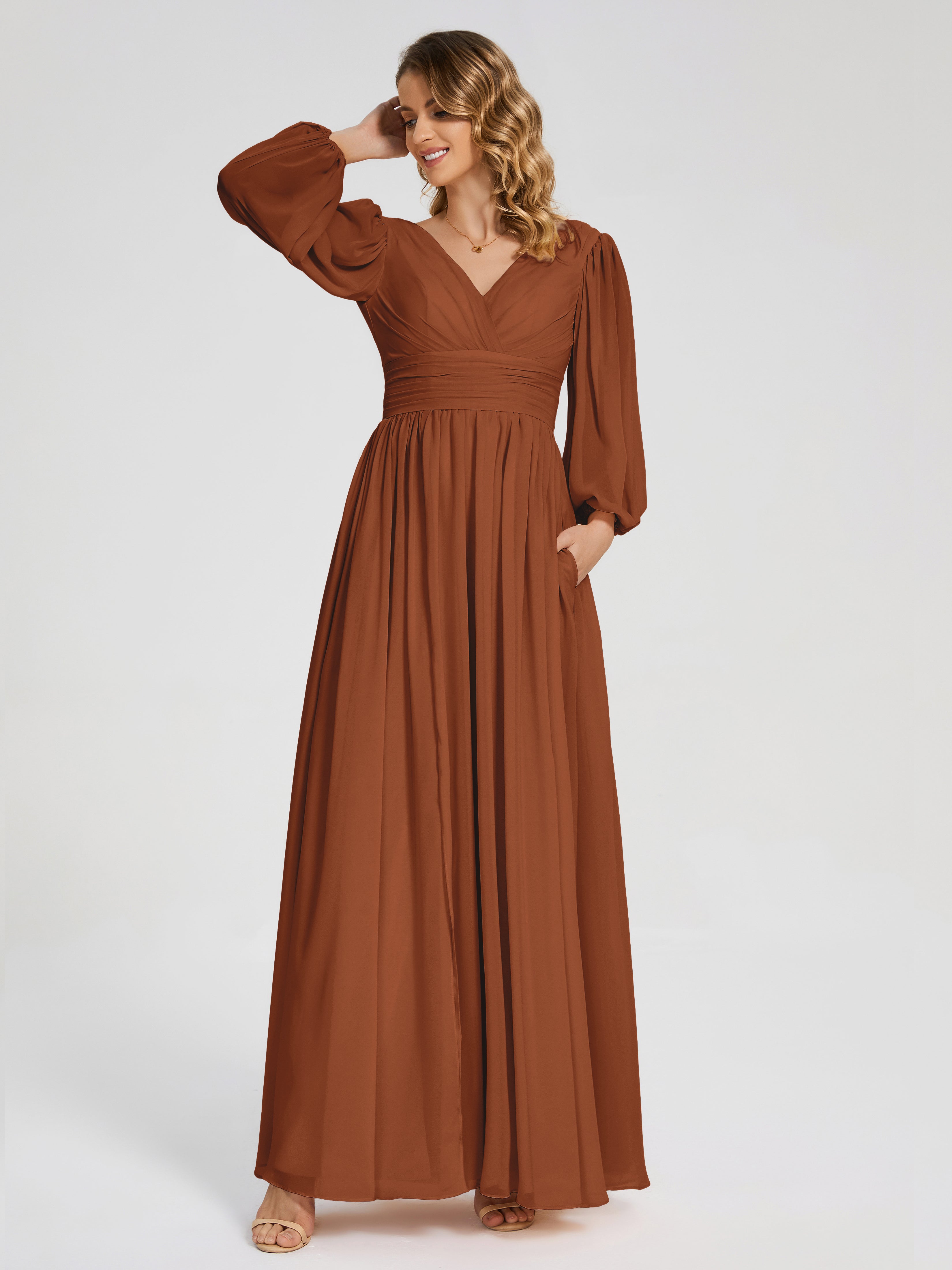 Robes De Demoiselle D'Honneur En Terre Cuite Manches Longues Dos Nu Mousseline Robes Demoiselle D'Honneur