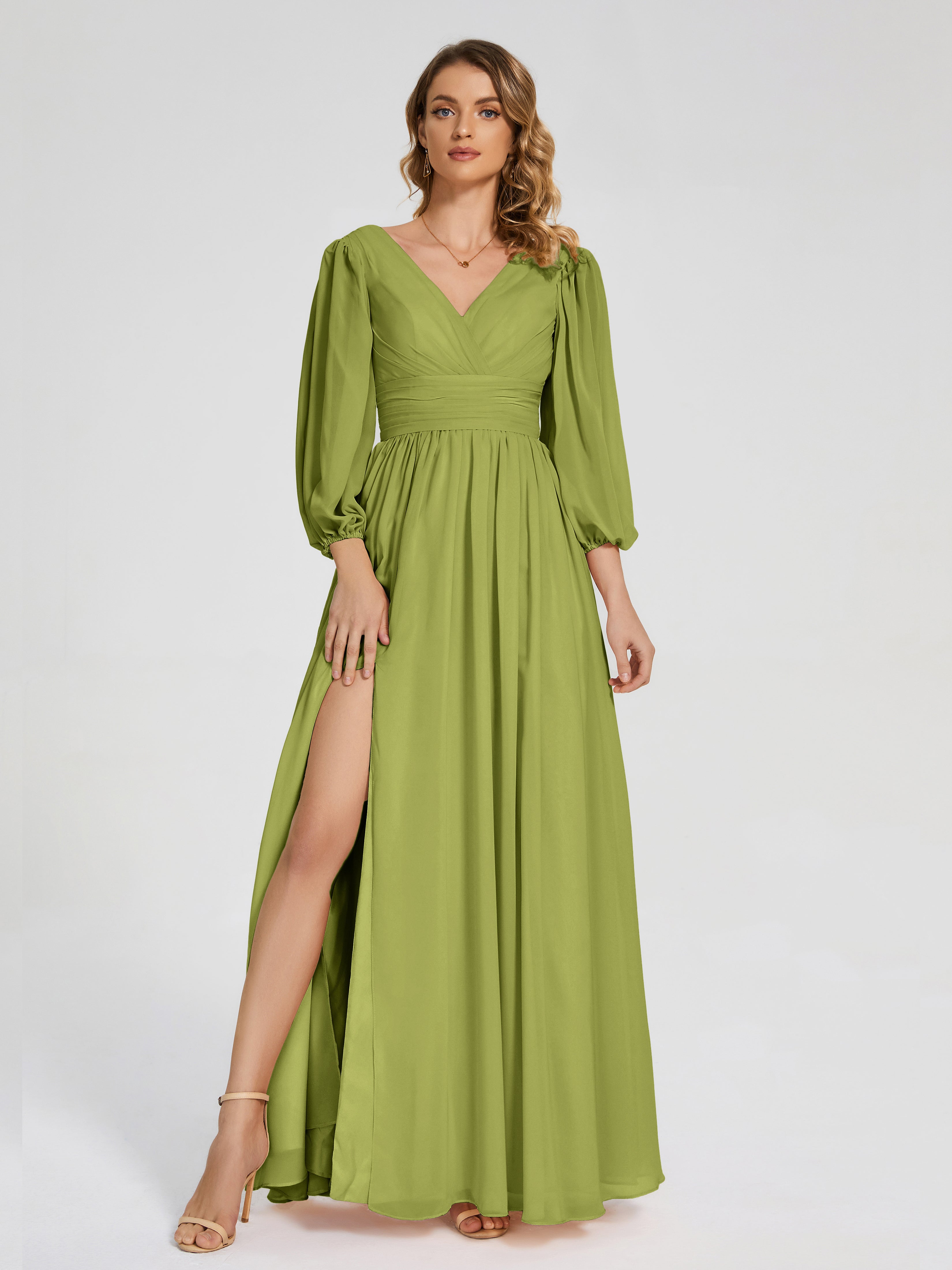 Robes De Demoiselle D'Honneur Trèfle Manches Longues Dos Nu Mousseline Robes Demoiselle D'Honneur