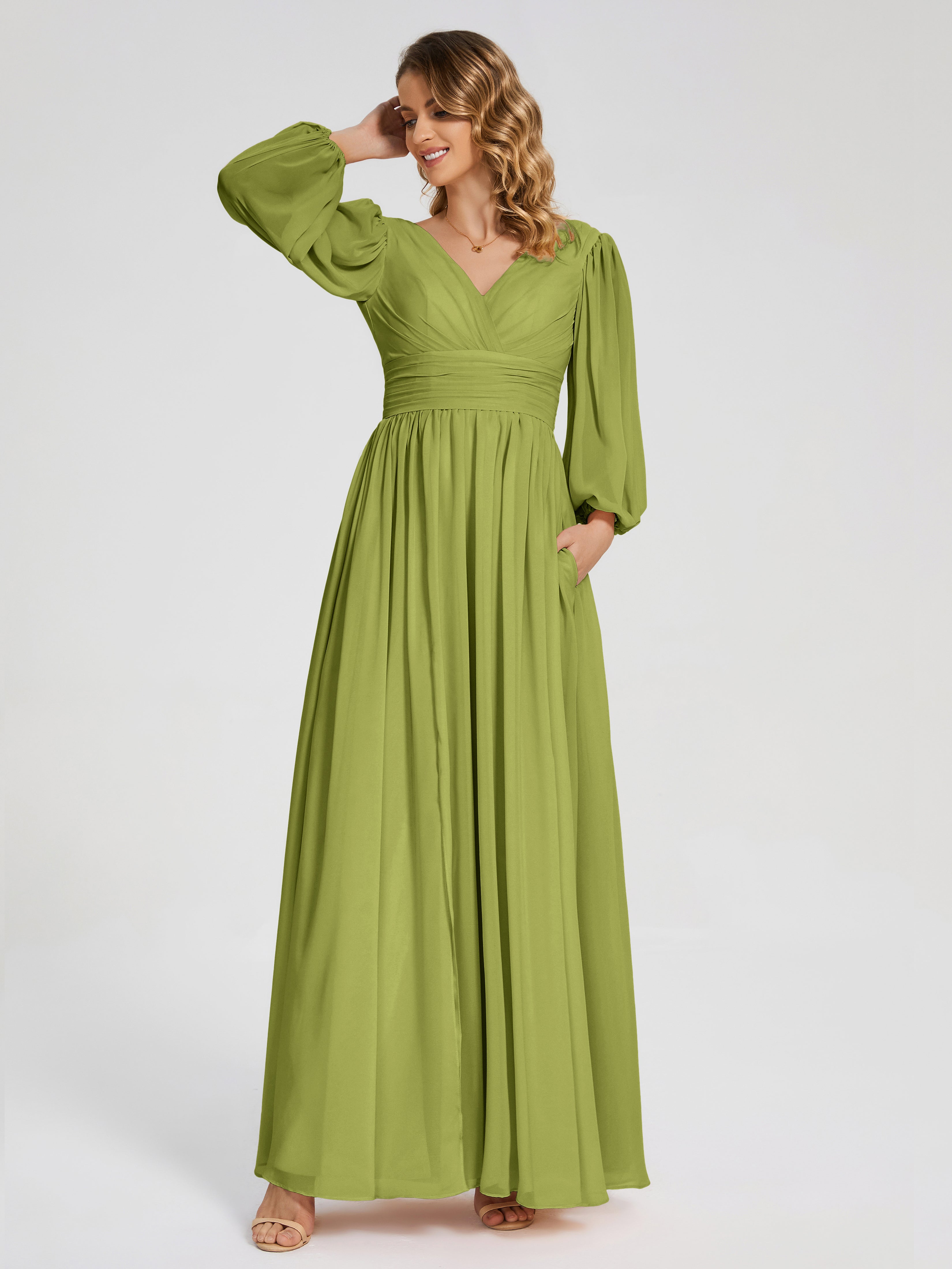 Robes De Demoiselle D'Honneur Trèfle Manches Longues Dos Nu Mousseline Robes Demoiselle D'Honneur