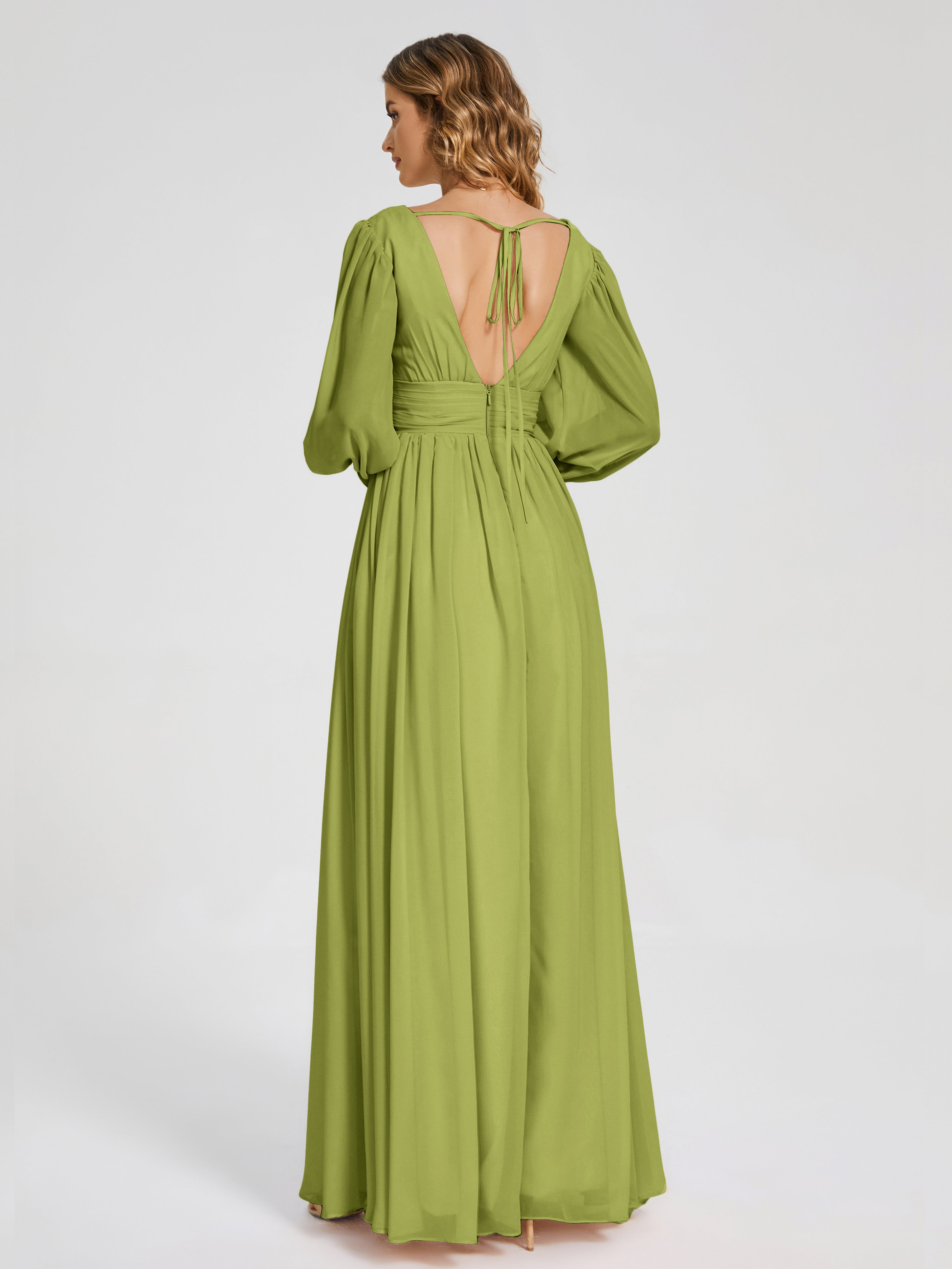 Robes De Demoiselle D'Honneur Trèfle Manches Longues Dos Nu Mousseline Robes Demoiselle D'Honneur