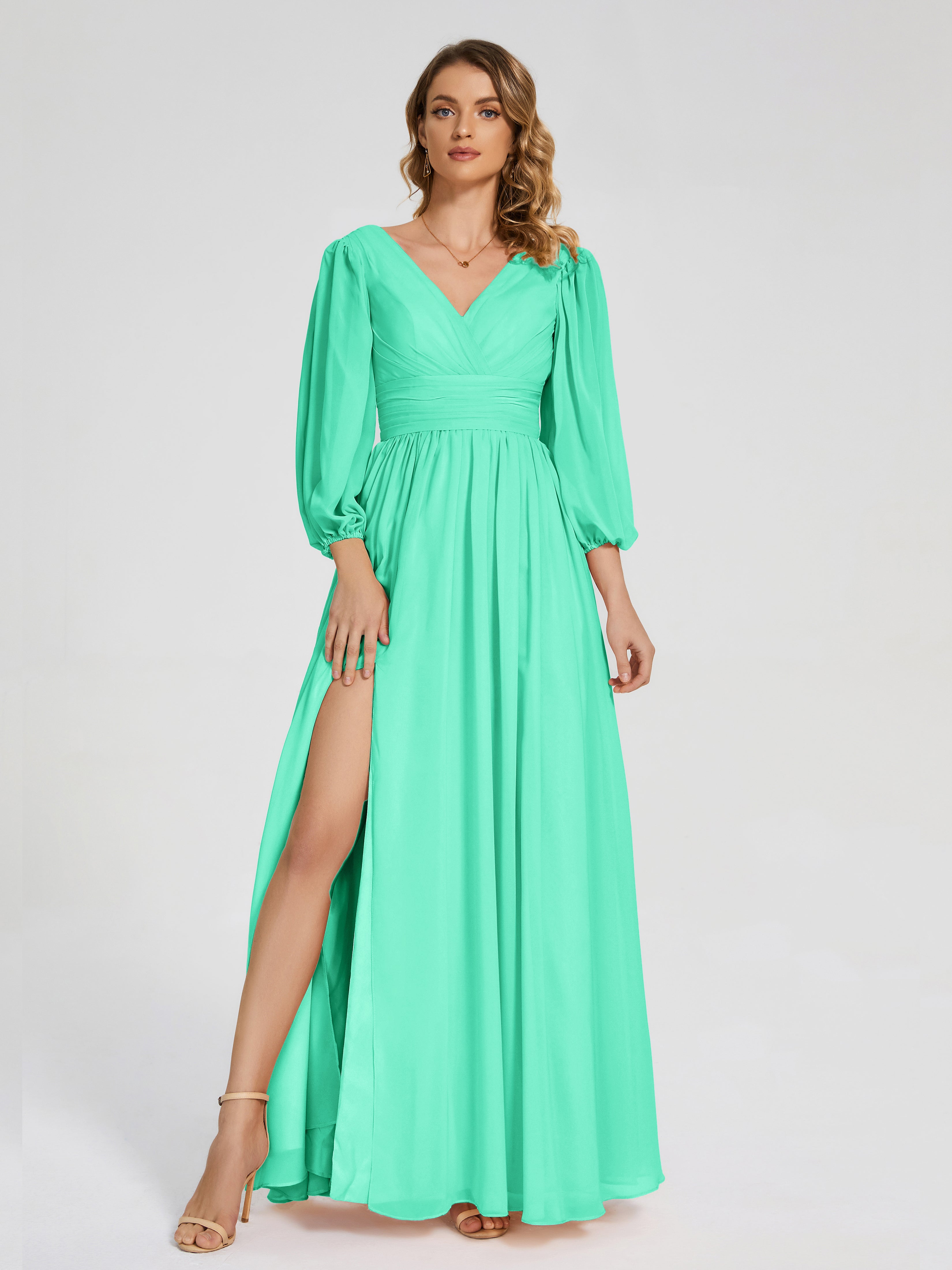 Robes De Demoiselle D'Honneur Turquoise Manches Longues Dos Nu Mousseline Robes Demoiselle D'Honneur