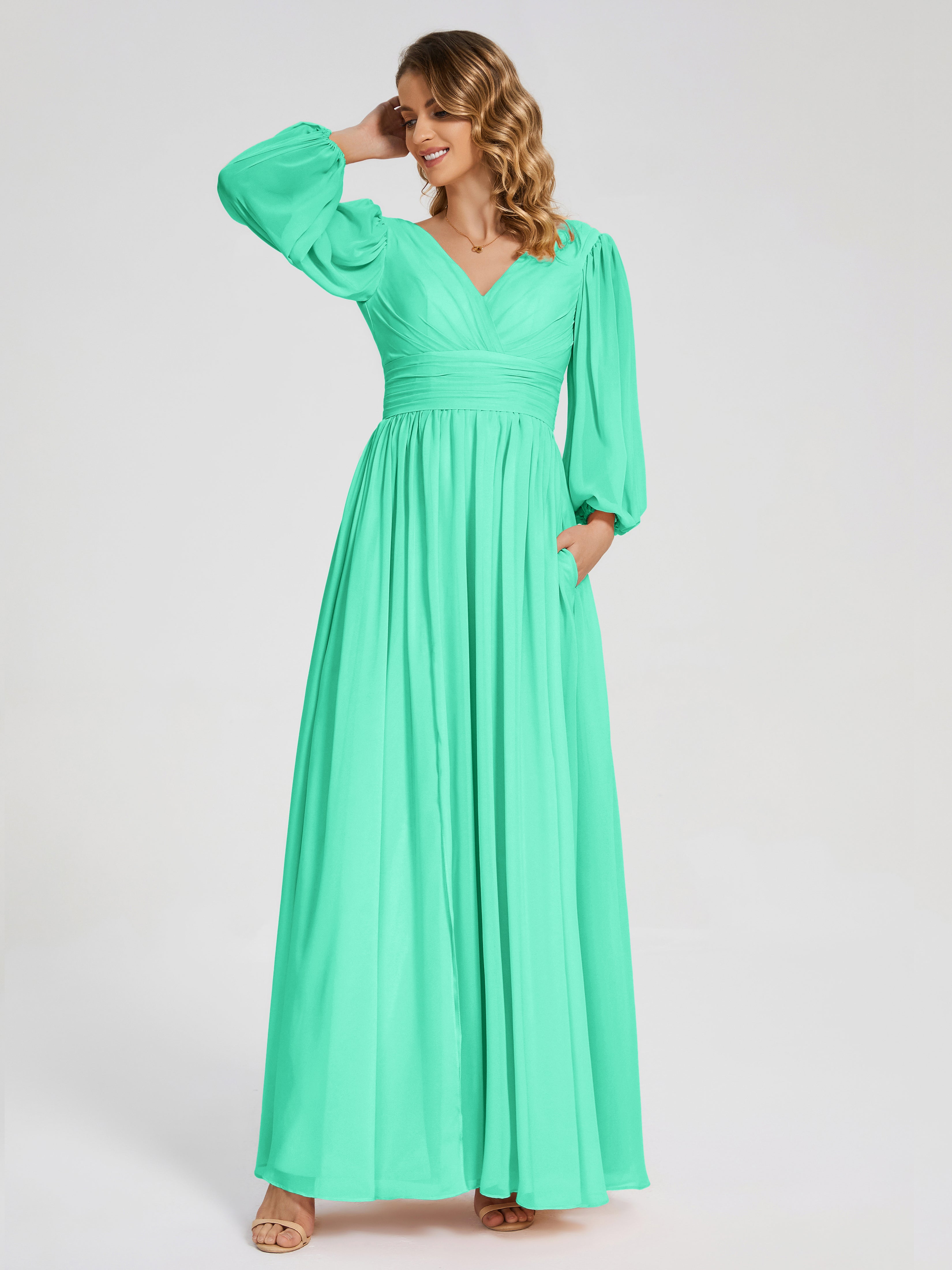 Robes De Demoiselle D'Honneur Turquoise Manches Longues Dos Nu Mousseline Robes Demoiselle D'Honneur