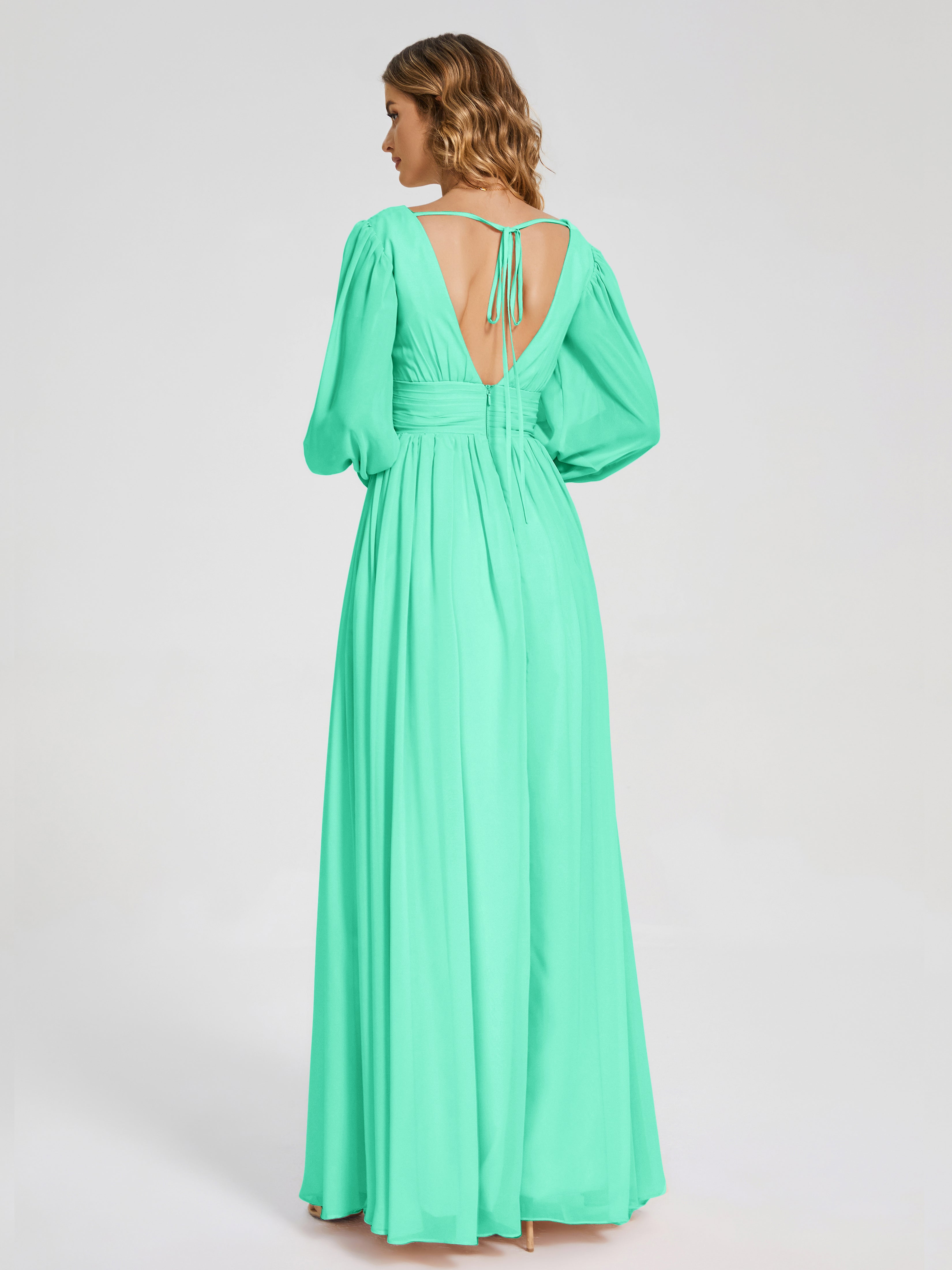 Robes De Demoiselle D'Honneur Turquoise Manches Longues Dos Nu Mousseline Robes Demoiselle D'Honneur