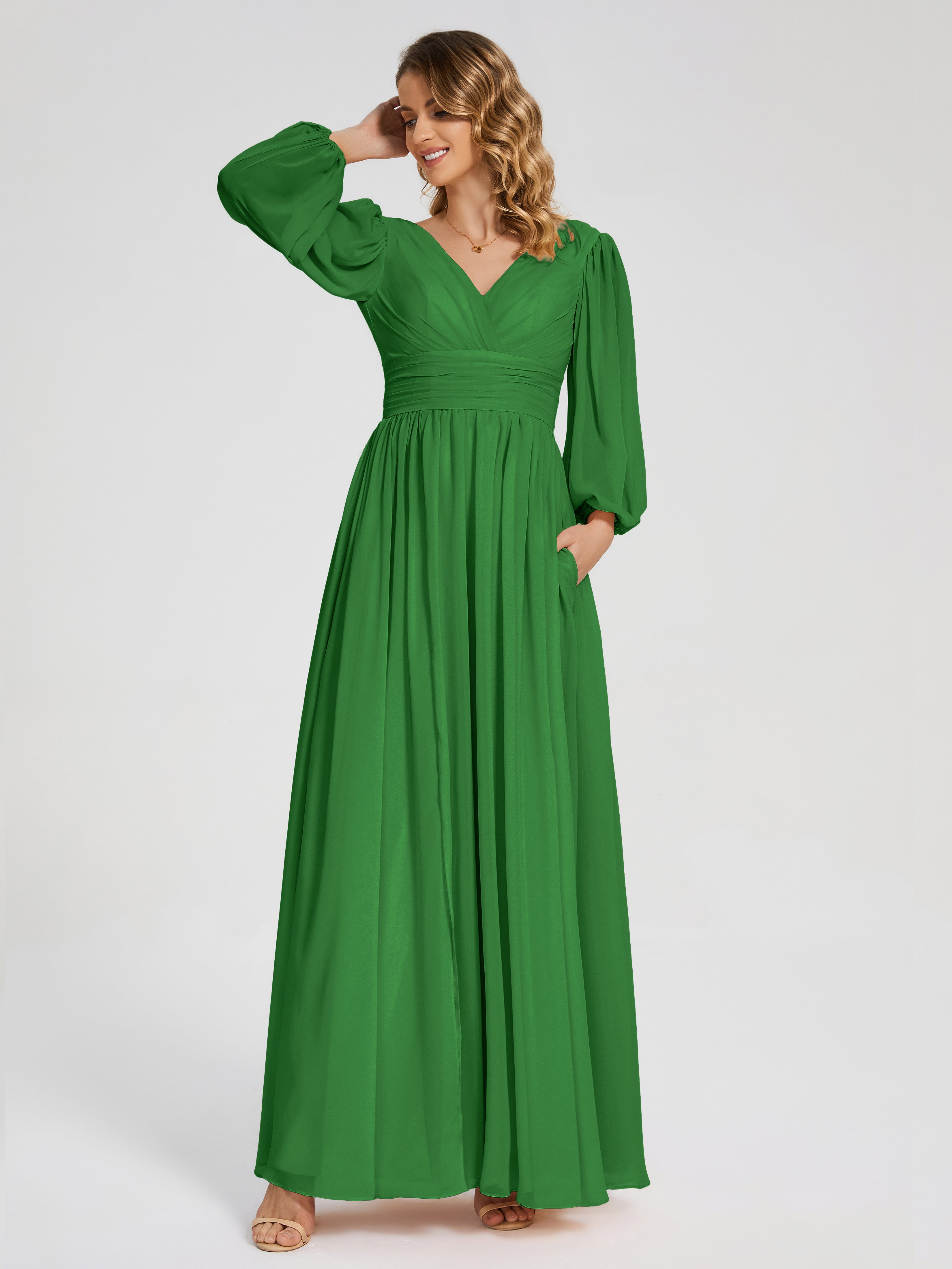 Robes De Demoiselle D'Honneur Vertes Manches Longues Dos Nu Mousseline Robes Demoiselle D'Honneur