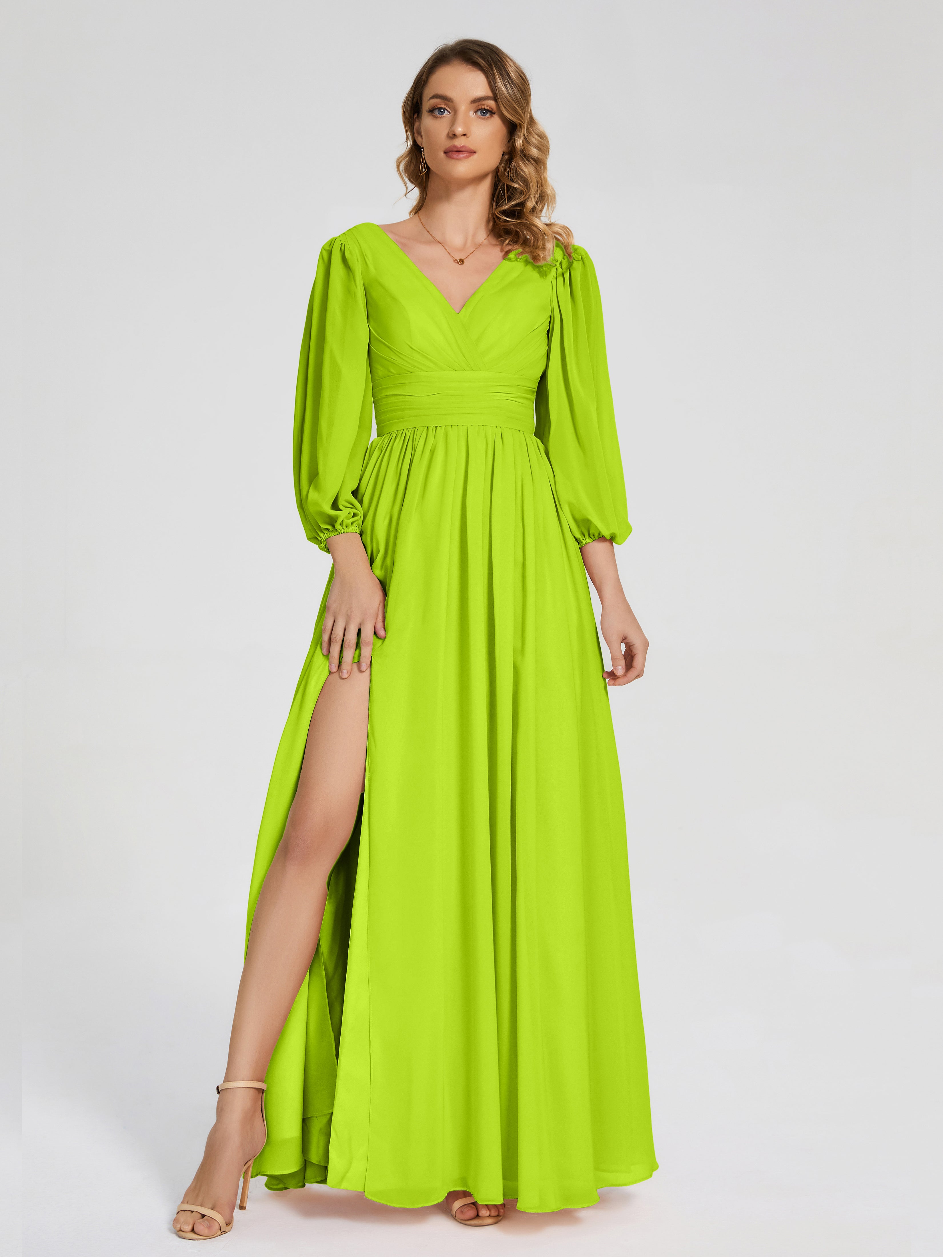Robes De Demoiselle D'Honneur Vert Citron Manches Longues Dos Nu Mousseline Robes Demoiselle D'Honneur