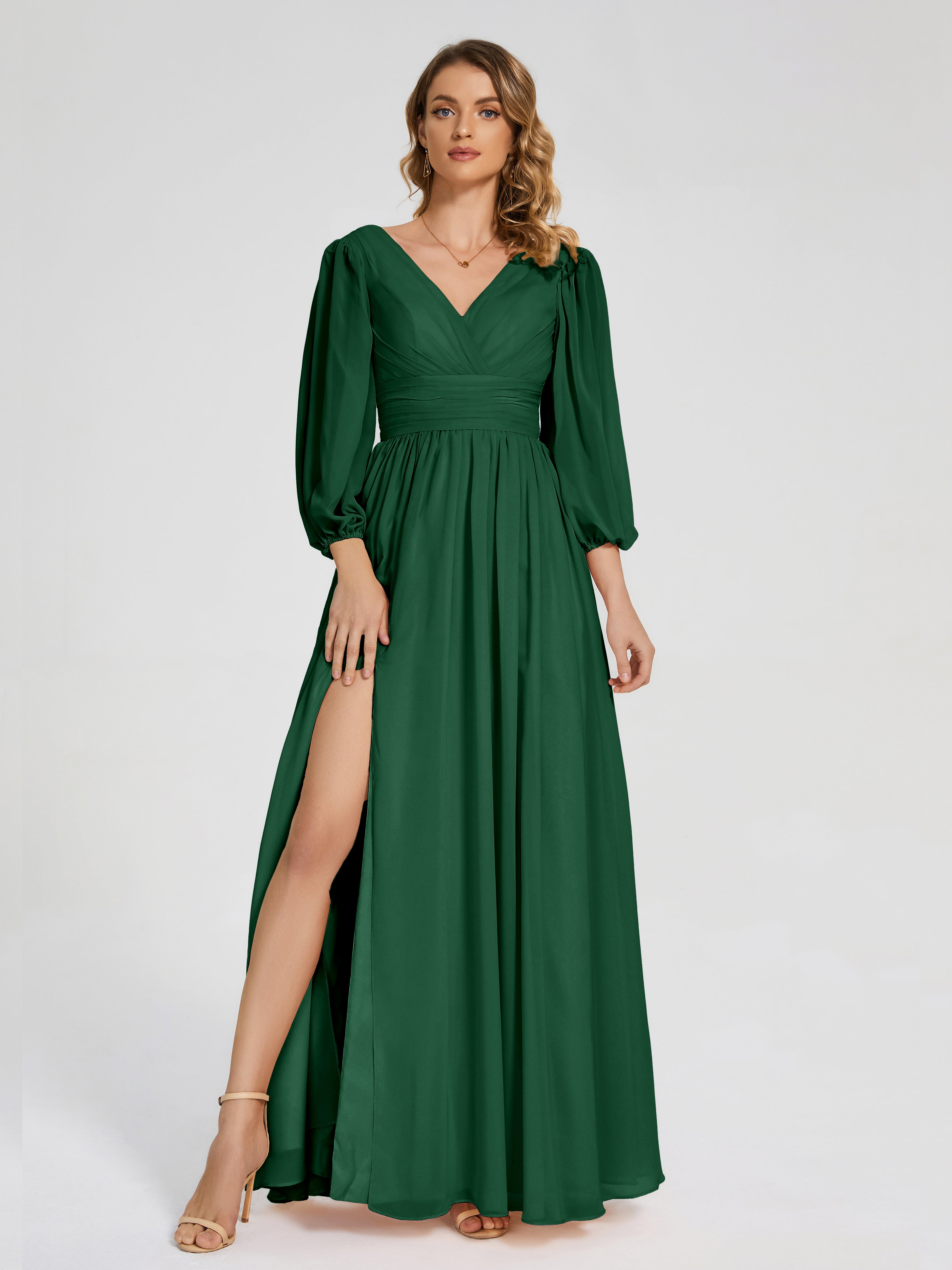 Robes De Demoiselle D'Honneur Vert Foncé Manches Longues Dos Nu Mousseline Robes Demoiselle D'Honneur