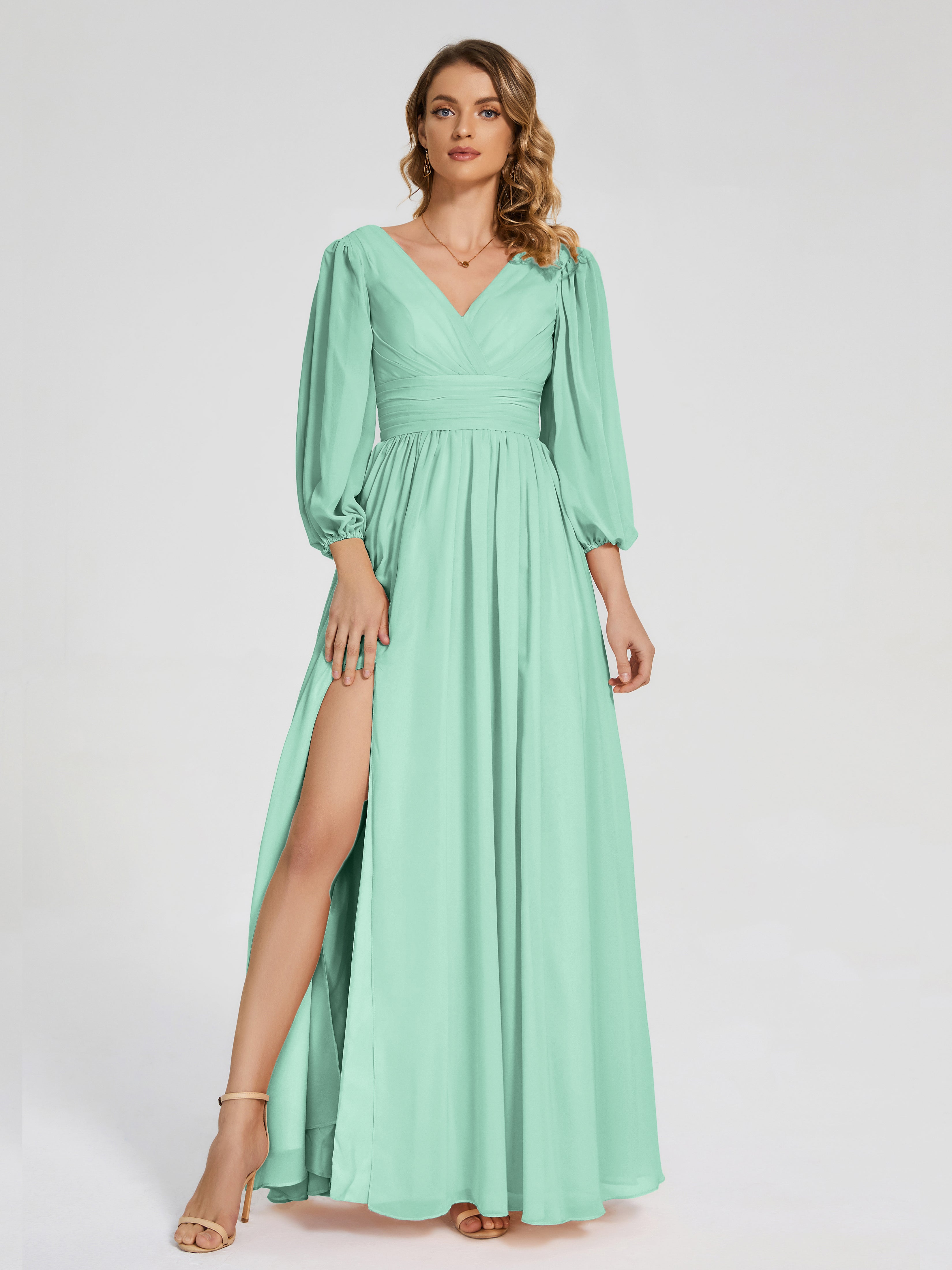 Robe Demoiselle D Honneur Vert Menthe Manches Longues Dos Nu Mousseline Robes Demoiselle D'Honneur