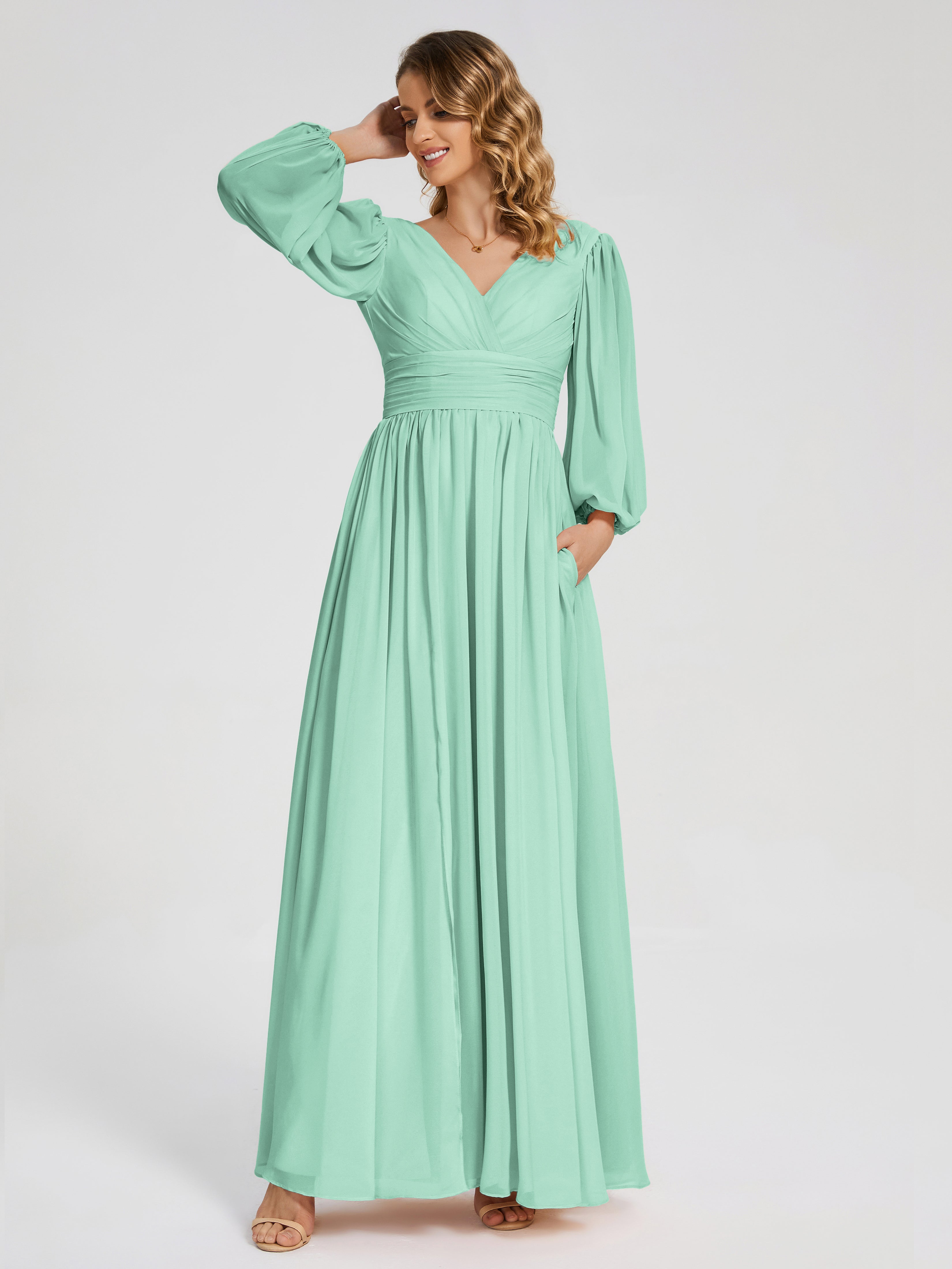 Robe Demoiselle D Honneur Vert Menthe Manches Longues Dos Nu Mousseline Robes Demoiselle D'Honneur